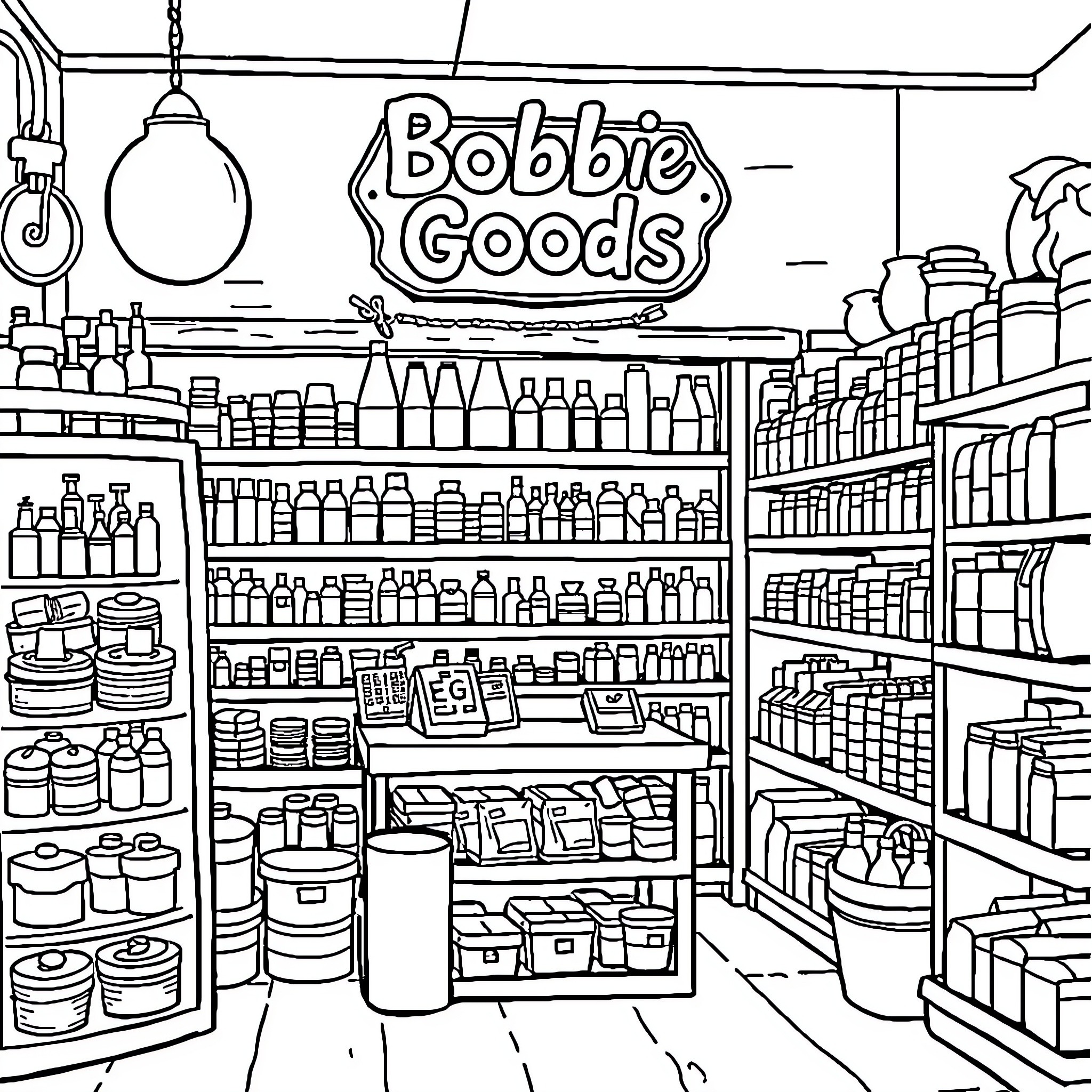 Bobbie Good's Assorted Goods Store Coloring Page (free black-and-white line drawing printable PDF for all, from beginners to advanced learners, including children, teens, adults, and seniors)