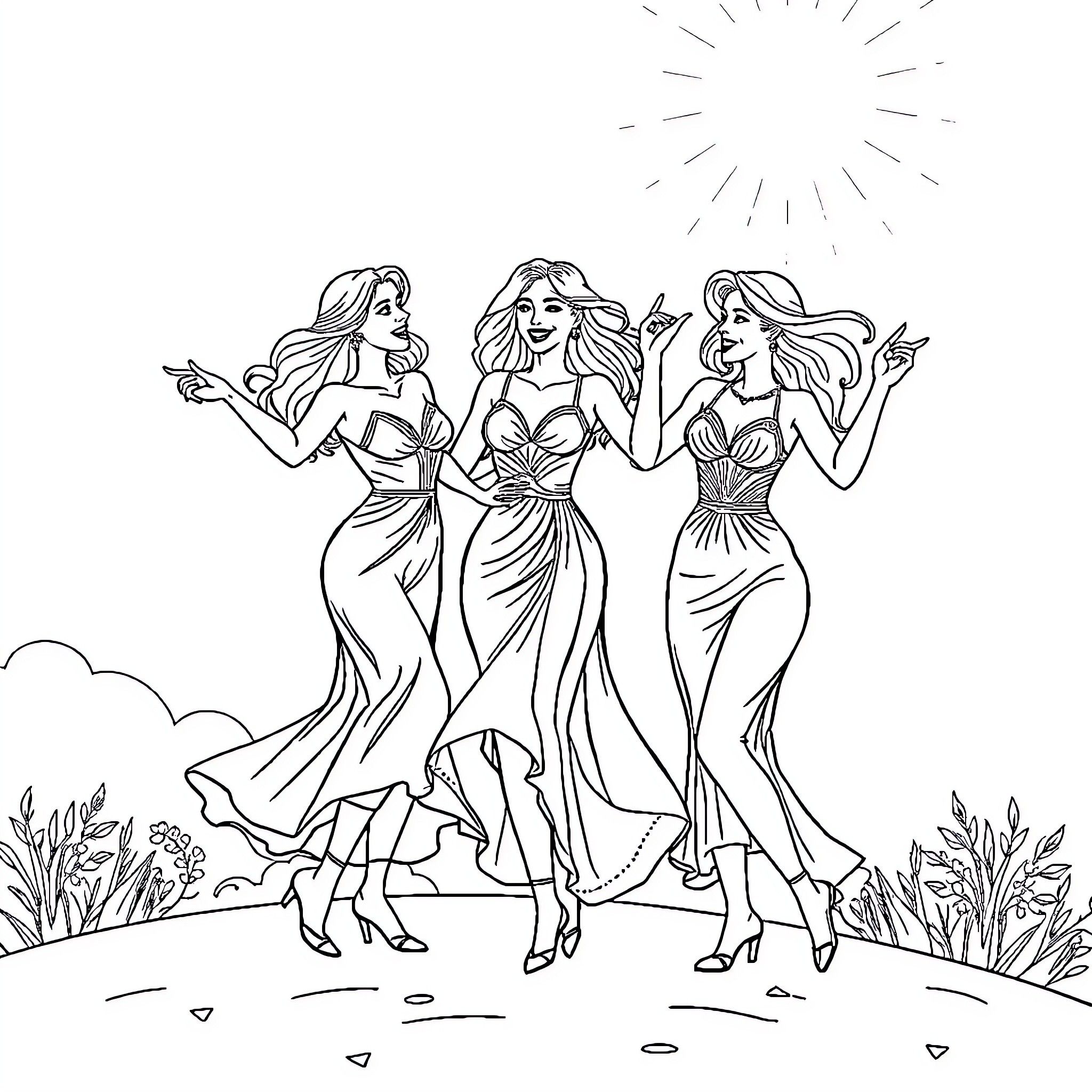 Mujer celebrando con amigas en vestidos elegantes Coloring Page (free black-and-white line drawing printable PDF for all, from beginners to advanced learners, including children, teens, adults, and seniors)