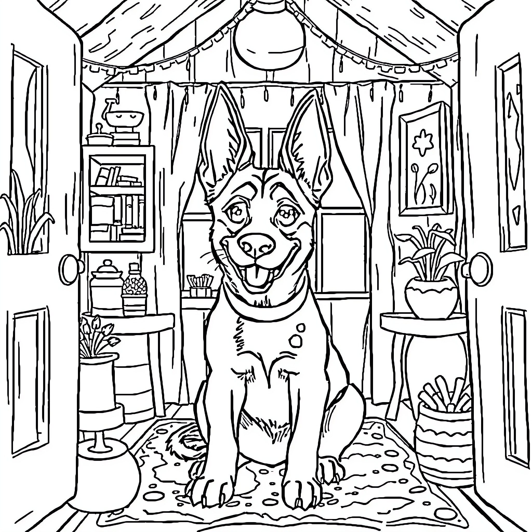Malinois dog in a cozy home interior Coloring Page (free black-and-white line drawing printable PDF for all, from beginners to advanced learners, including children, teens, adults, and seniors)