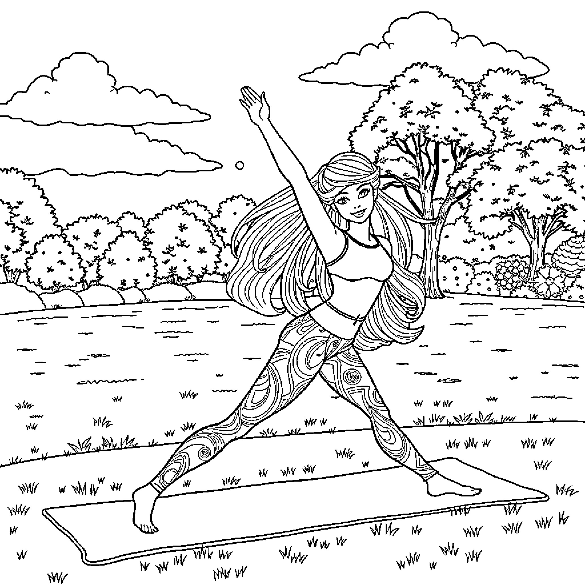 Barbie practicing yoga in a serene outdoor setting Coloring Page (free black-and-white line drawing printable PDF for all, from beginners to advanced learners, including children, teens, adults, and seniors)