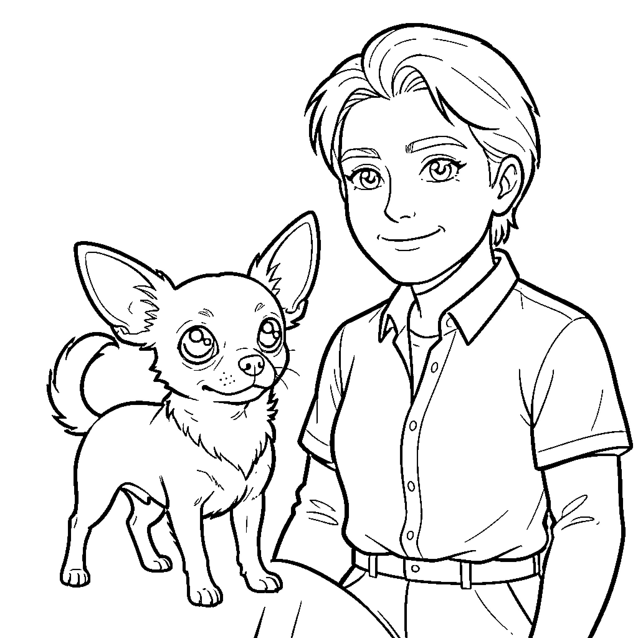 Chihuahua happily accompanying its owner Coloring Page (free black-and-white line drawing printable PDF for all, from beginners to advanced learners, including children, teens, adults, and seniors)