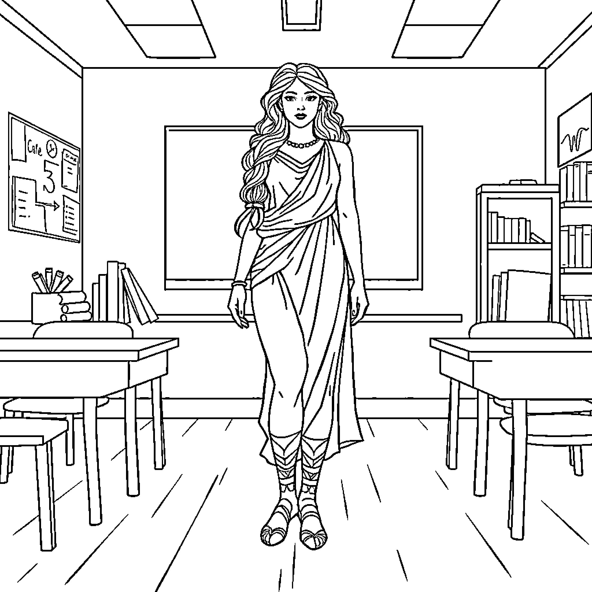 Sappho in a Classroom Setting Coloring Page (free black-and-white line drawing printable PDF for all, from beginners to advanced learners, including children, teens, adults, and seniors)