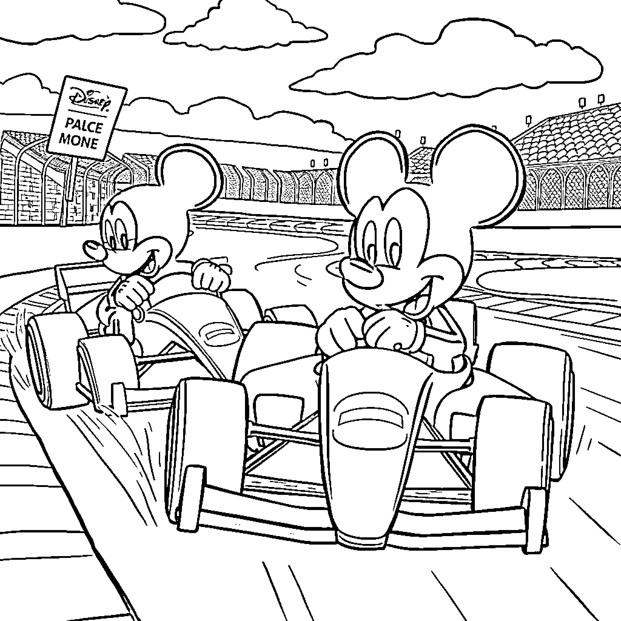 Formula 1 Car Racing on Track with Mickey Mouse Coloring Page (free black-and-white line drawing printable PDF for all, from beginners to advanced learners, including children, teens, adults, and seniors)