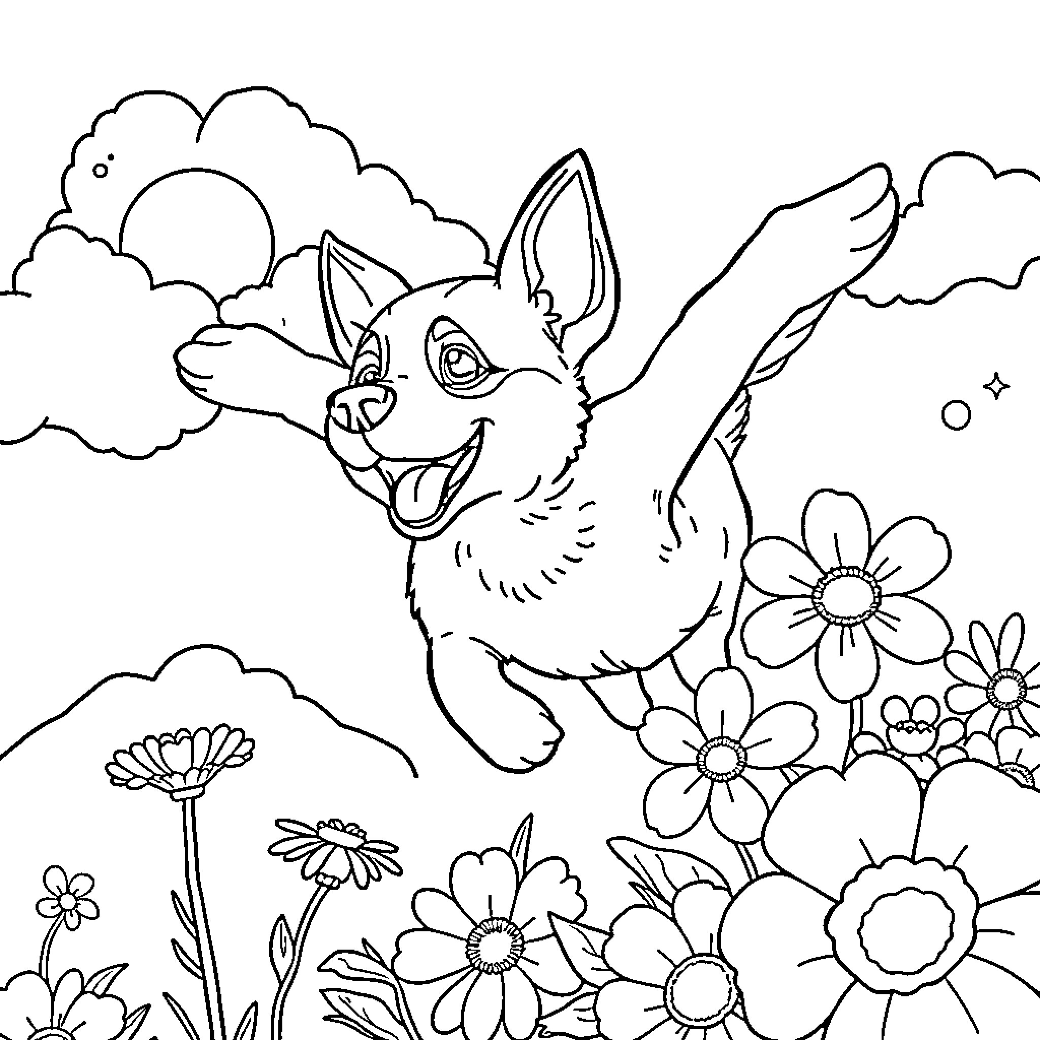 Flying Dog enjoying a floral meadow Coloring Page (free black-and-white line drawing printable PDF for all, from beginners to advanced learners, including children, teens, adults, and seniors)