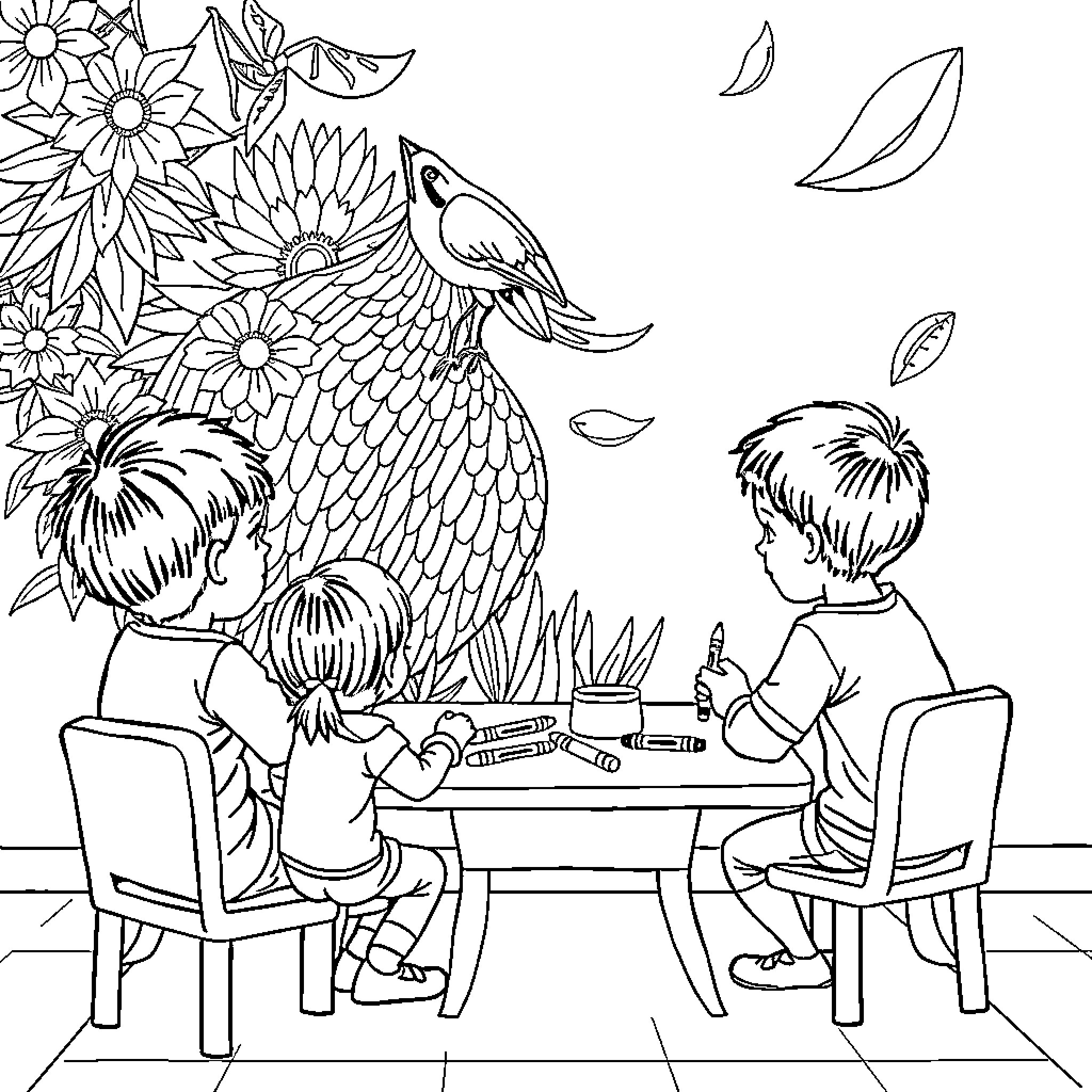 Mushroom Coloring with Children at Table Coloring Page (free black-and-white line drawing printable PDF for all, from beginners to advanced learners, including children, teens, adults, and seniors)