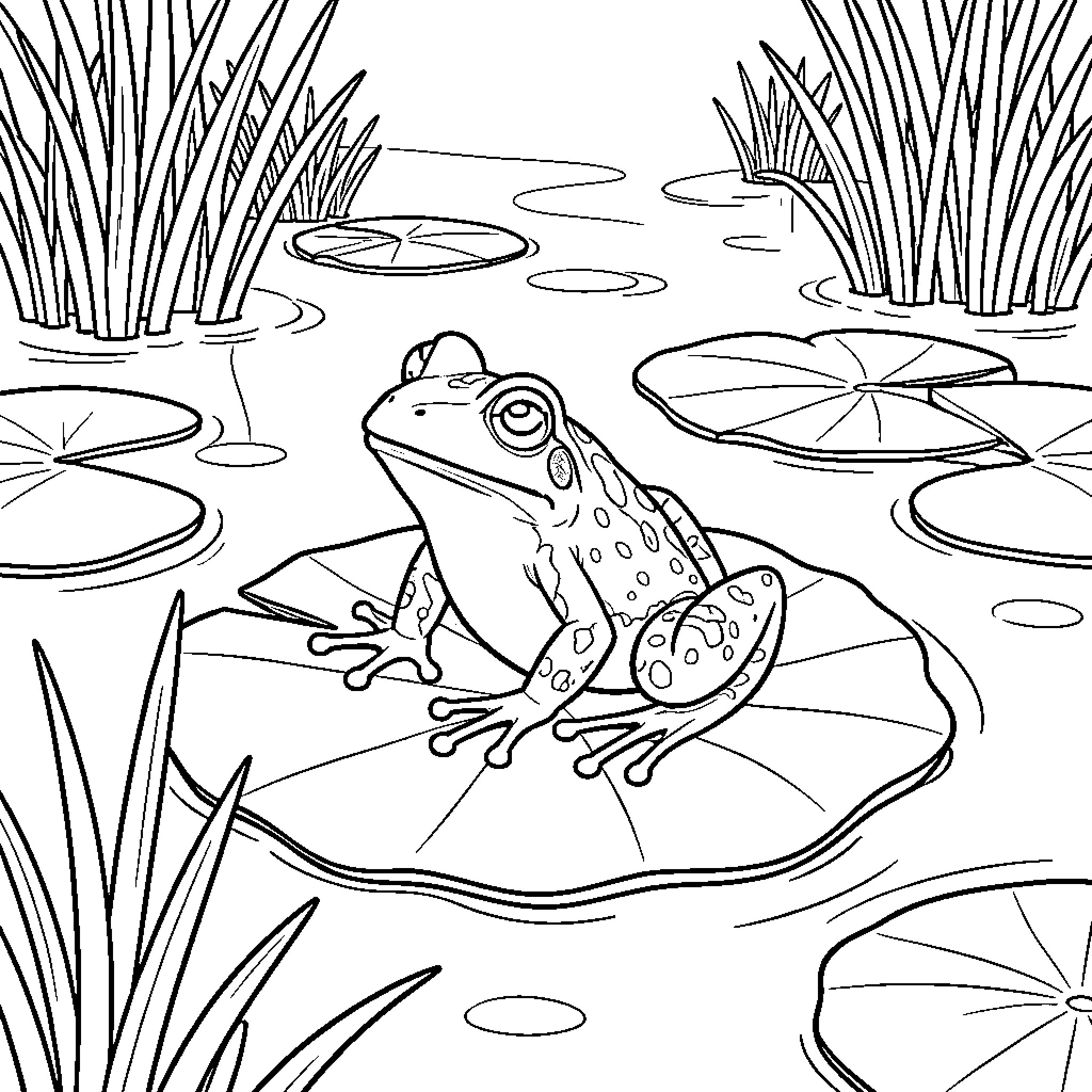 Frog relaxing on lily pad in tranquil pond Coloring Page (free black-and-white line drawing printable PDF for all, from beginners to advanced learners, including children, teens, adults, and seniors)