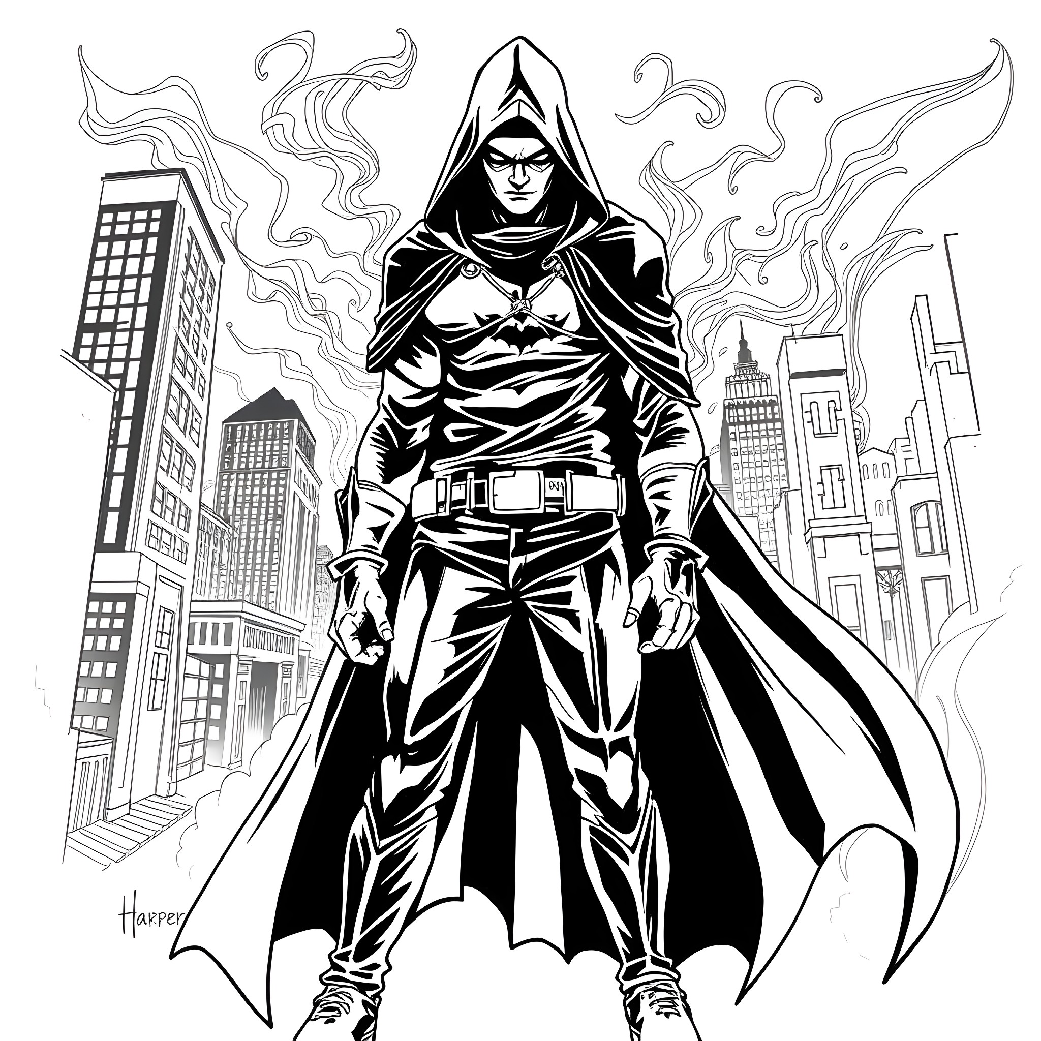 Harper, the Mysterious Vigilante Coloring Page (free black-and-white line drawing printable PDF for all, from beginners to advanced learners, including children, teens, adults, and seniors)
