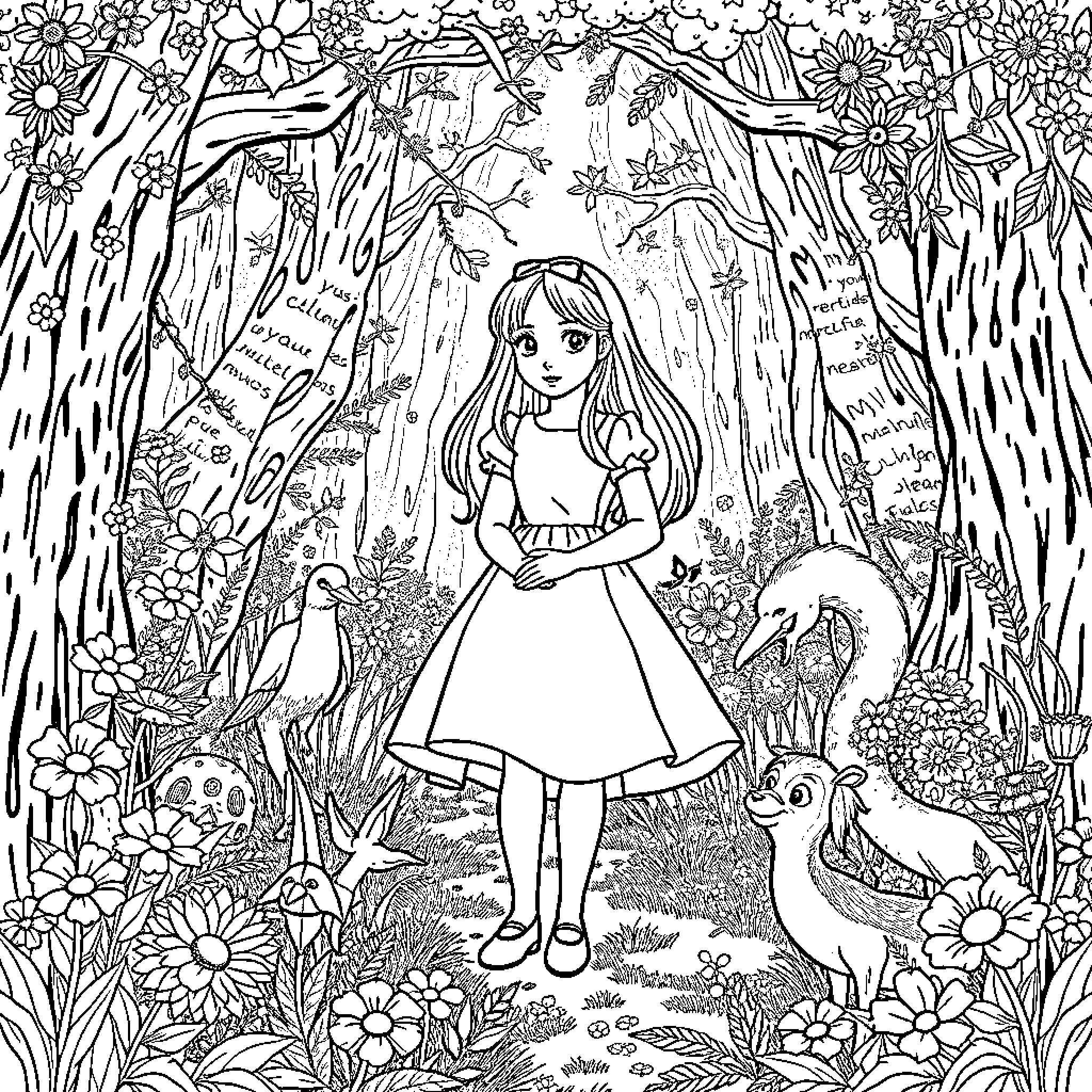 Alice's Enchanting Woodland Adventure Coloring Page (free black-and-white line drawing printable PDF for all, from beginners to advanced learners, including children, teens, adults, and seniors)
