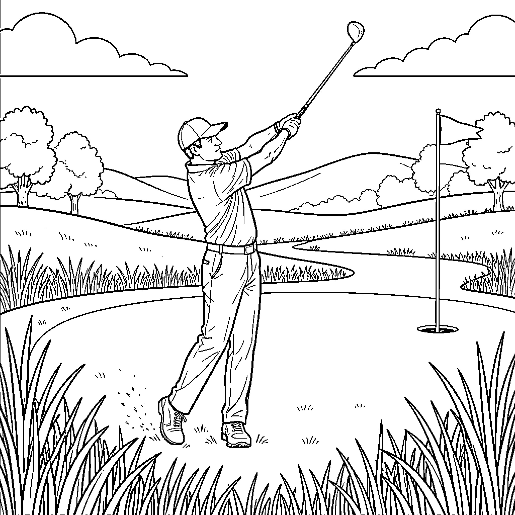 Golfer swinging a club on a scenic course Coloring Page (free black-and-white line drawing printable PDF for all, from beginners to advanced learners, including children, teens, adults, and seniors)