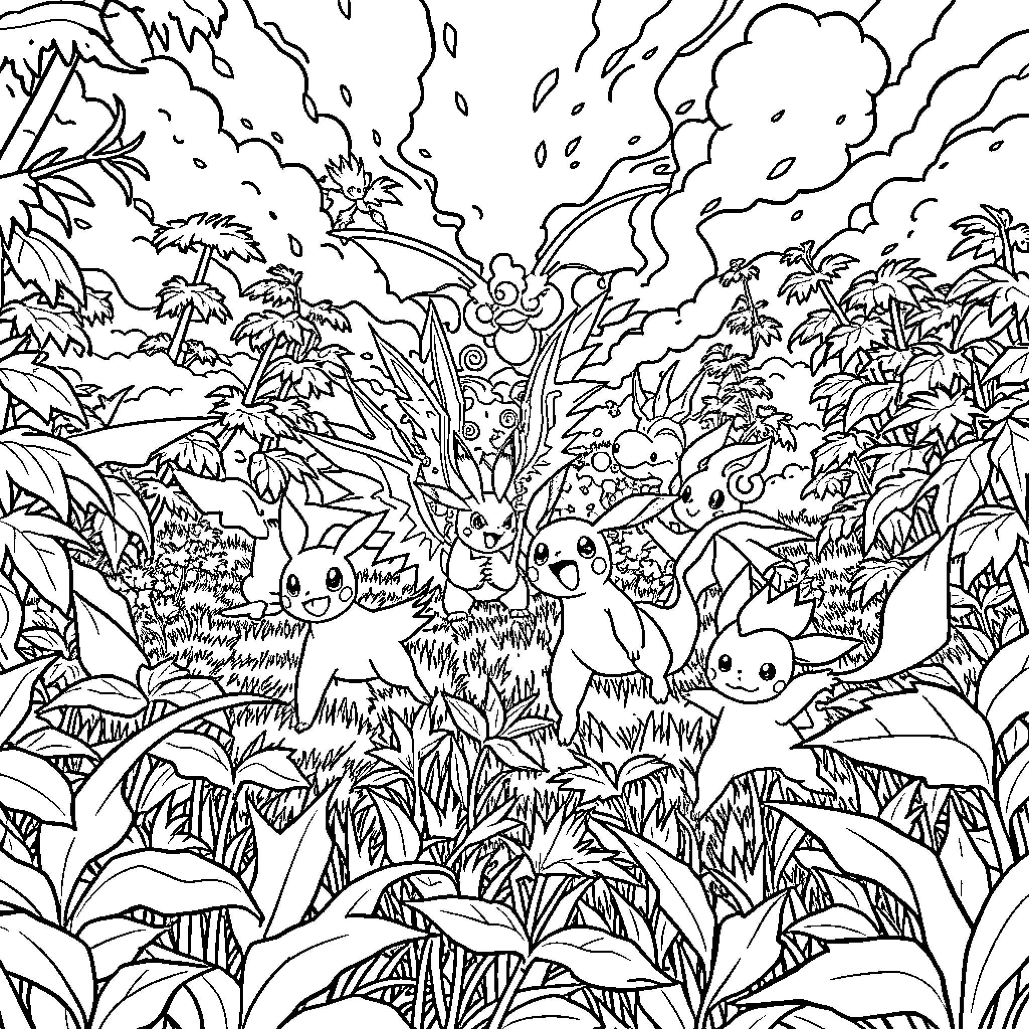 Pokémon characters exploring the magical forest Coloring Page (free black-and-white line drawing printable PDF for all, from beginners to advanced learners, including children, teens, adults, and seniors)