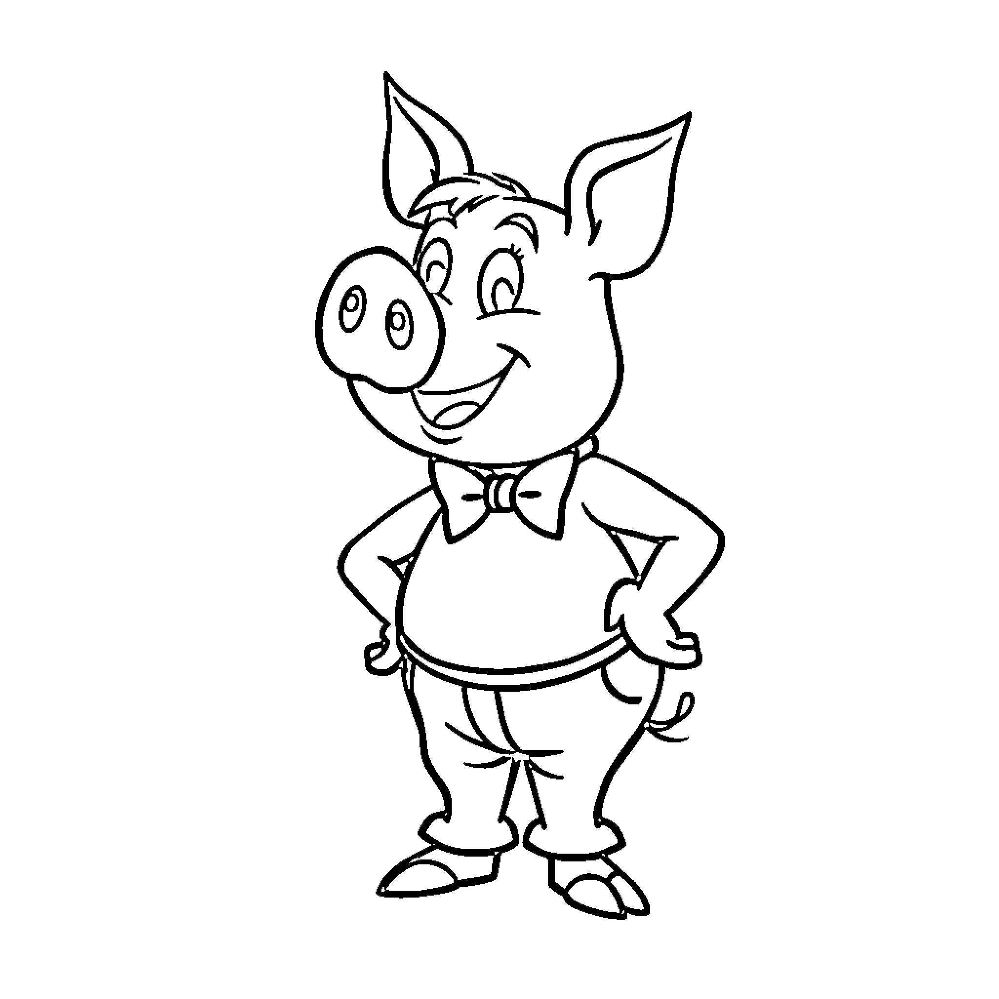 Porky Pig in cheerful pose Coloring Page (free black-and-white line drawing printable PDF for all, from beginners to advanced learners, including children, teens, adults, and seniors)