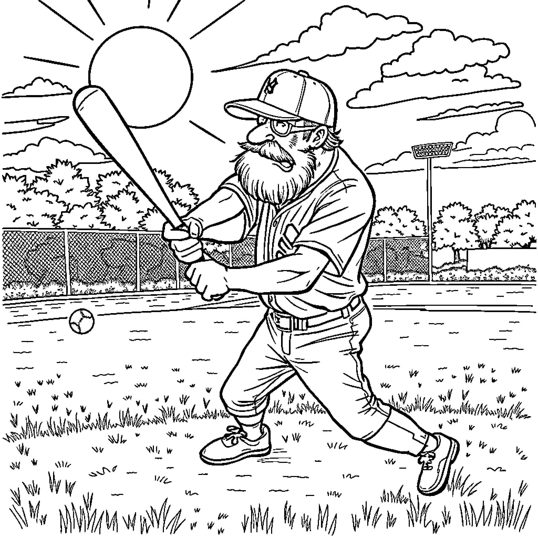 Badman playing baseball on the field Coloring Page (free black-and-white line drawing printable PDF for all, from beginners to advanced learners, including children, teens, adults, and seniors)