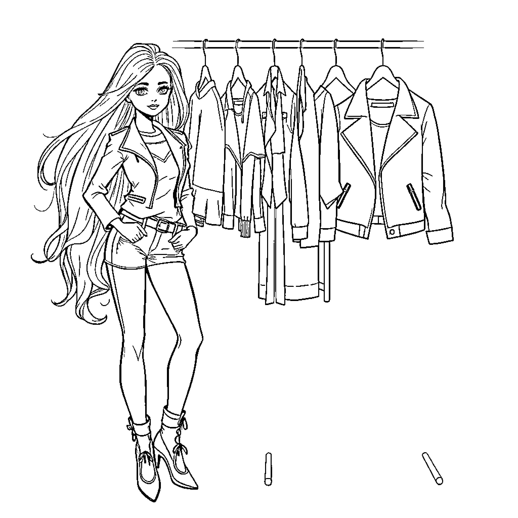 Model posing in front of clothing rack Coloring Page (free black-and-white line drawing printable PDF for all, from beginners to advanced learners, including children, teens, adults, and seniors)