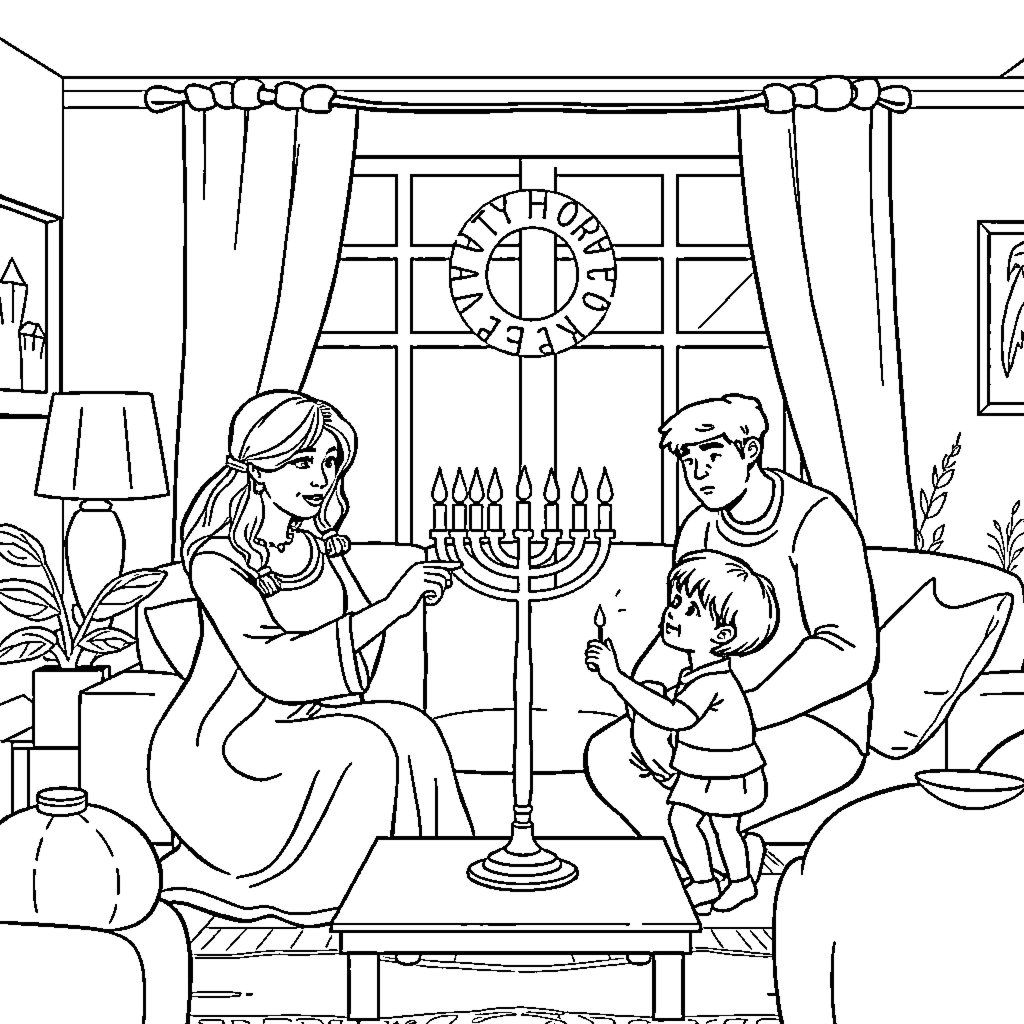 Menorah lighting celebration with family Coloring Page (free black-and-white line drawing printable PDF for all, from beginners to advanced learners, including children, teens, adults, and seniors)