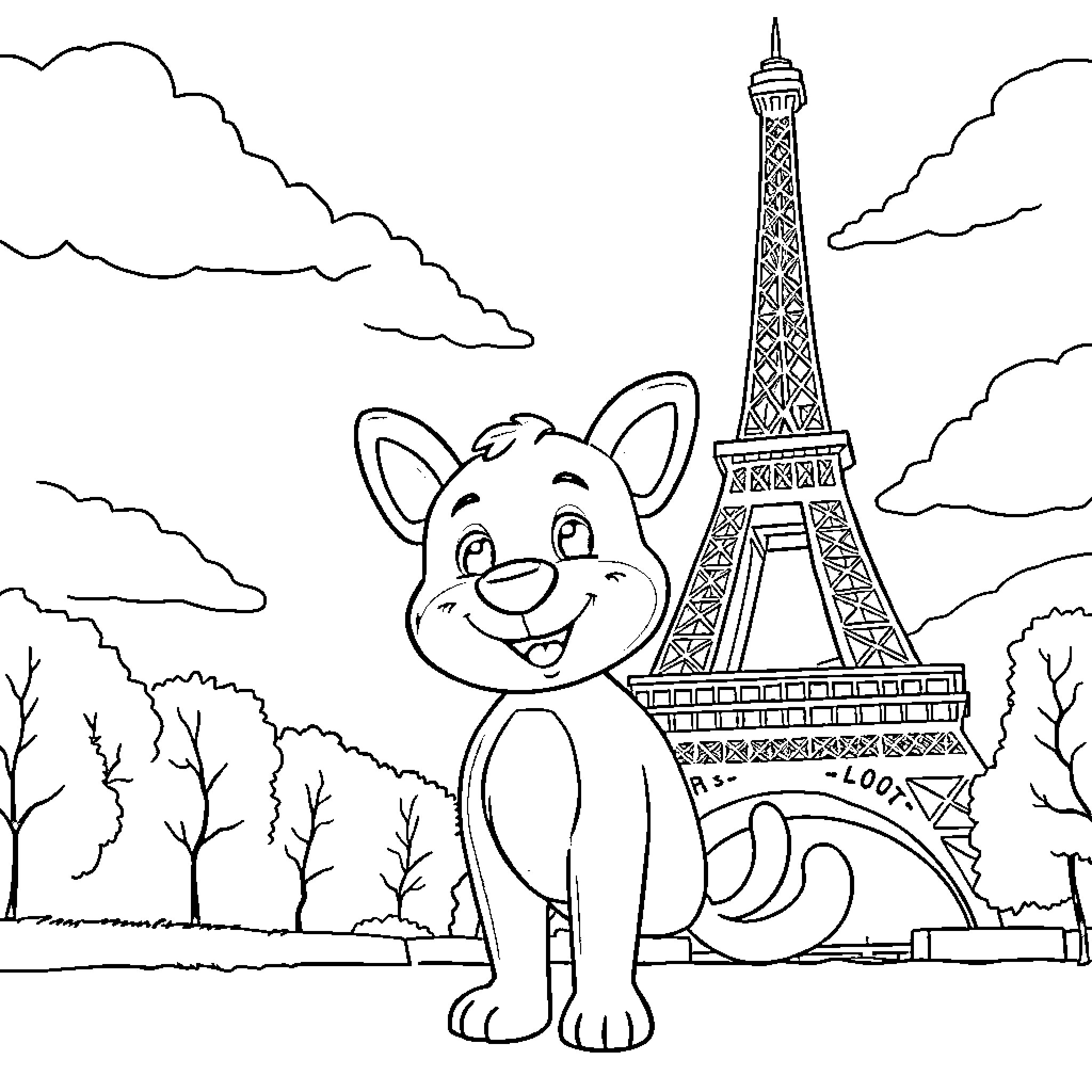 Bluey's Parisian Adventure Coloring Page (free black-and-white line drawing printable PDF for all, from beginners to advanced learners, including children, teens, adults, and seniors)