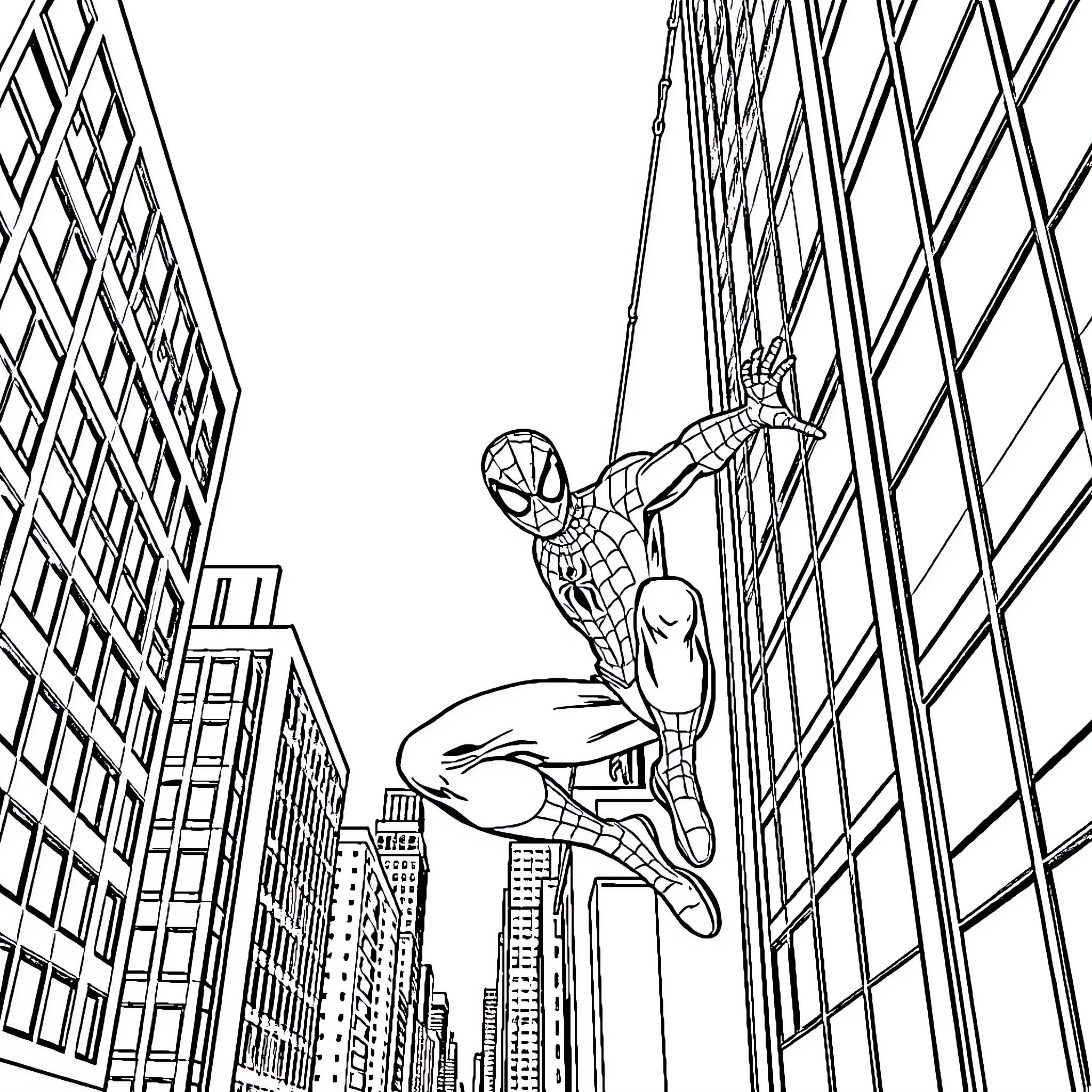 Spiderman swinging through the city skyscrapers Coloring Page (free black-and-white line drawing printable PDF for all, from beginners to advanced learners, including children, teens, adults, and seniors)