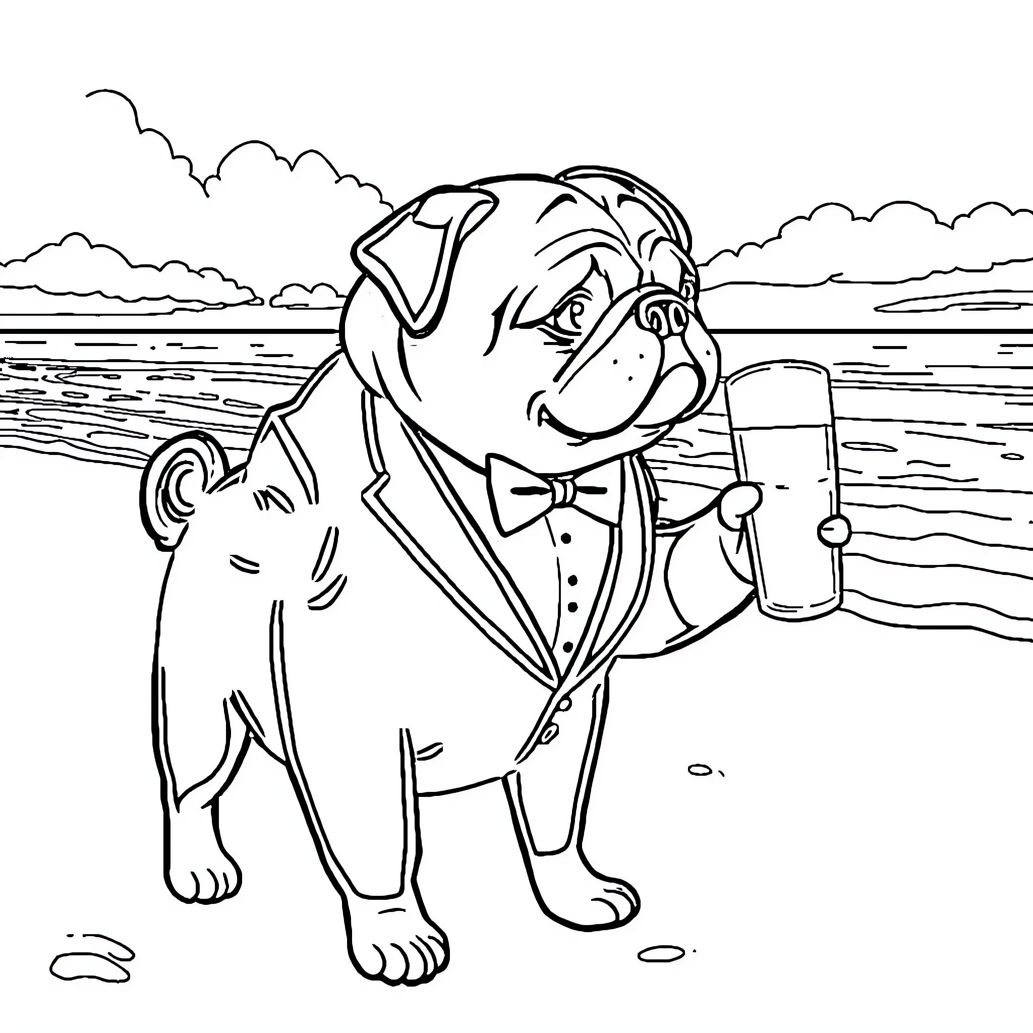 Pug in a Tuxedo Holding a Cocktail Coloring Page (free black-and-white line drawing printable PDF for all, from beginners to advanced learners, including children, teens, adults, and seniors)