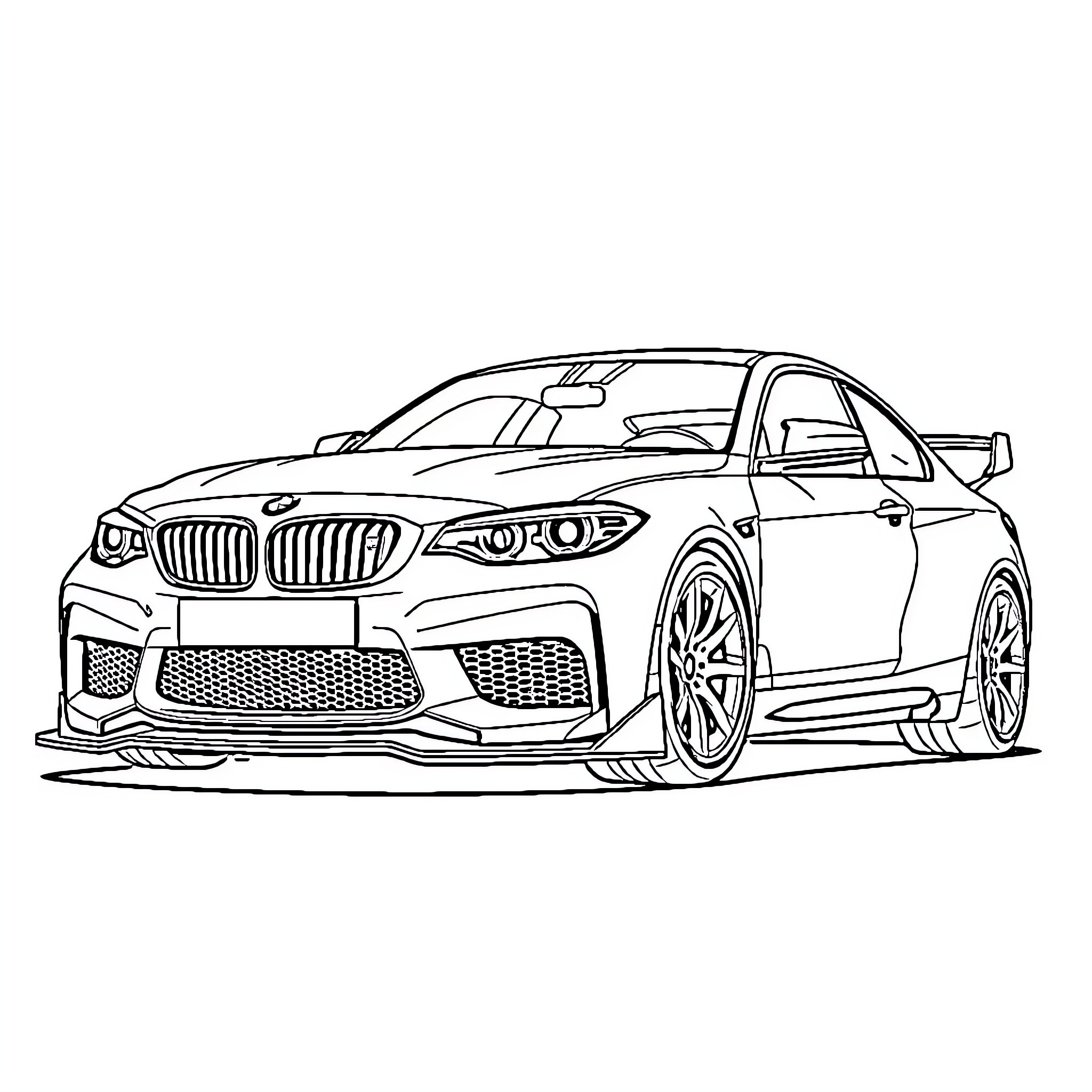 BMW Race Car Speeding on the Track Coloring Page (free black-and-white line drawing printable PDF for all, from beginners to advanced learners, including children, teens, adults, and seniors)