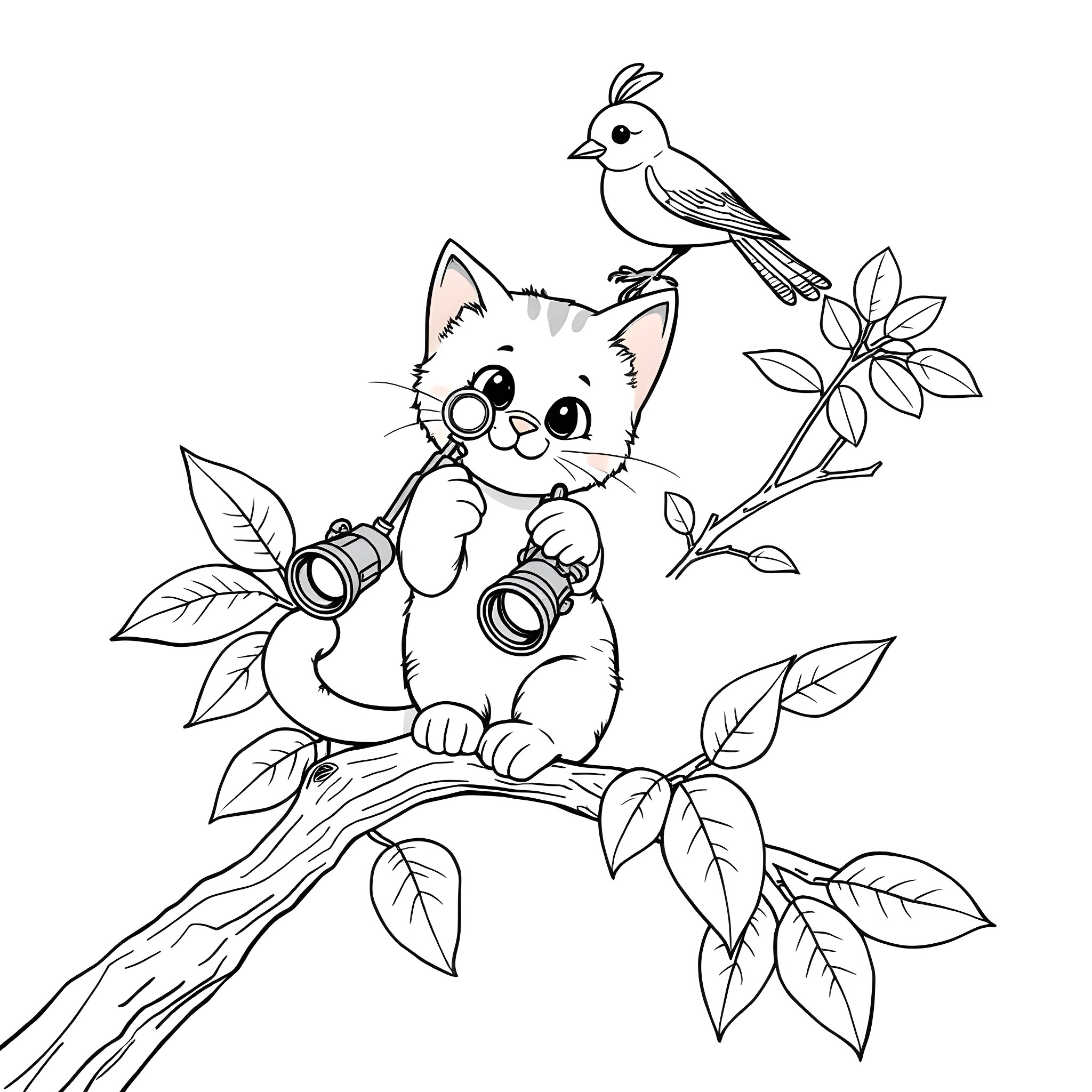 Kitty Exploring Nature with a Bird Friend Coloring Page (free black-and-white line drawing printable PDF for all, from beginners to advanced learners, including children, teens, adults, and seniors)