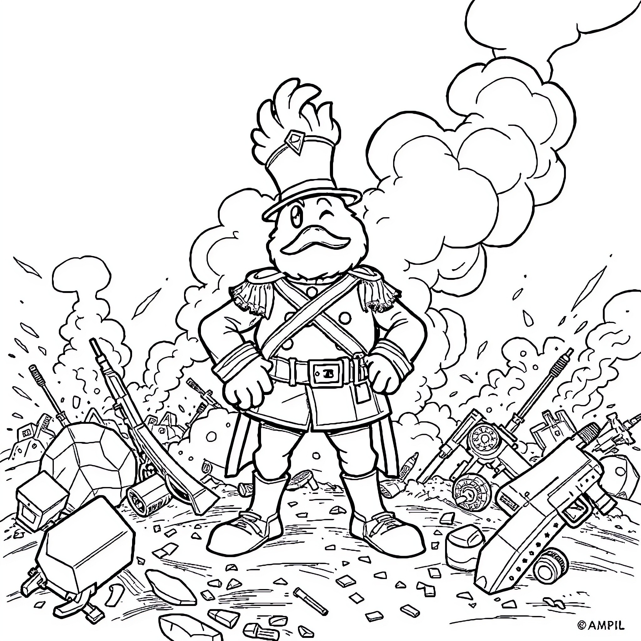 General Cartoon Firefighter Battling Blaze in Ruins Coloring Page (free black-and-white line drawing printable PDF for all, from beginners to advanced learners, including children, teens, adults, and seniors)