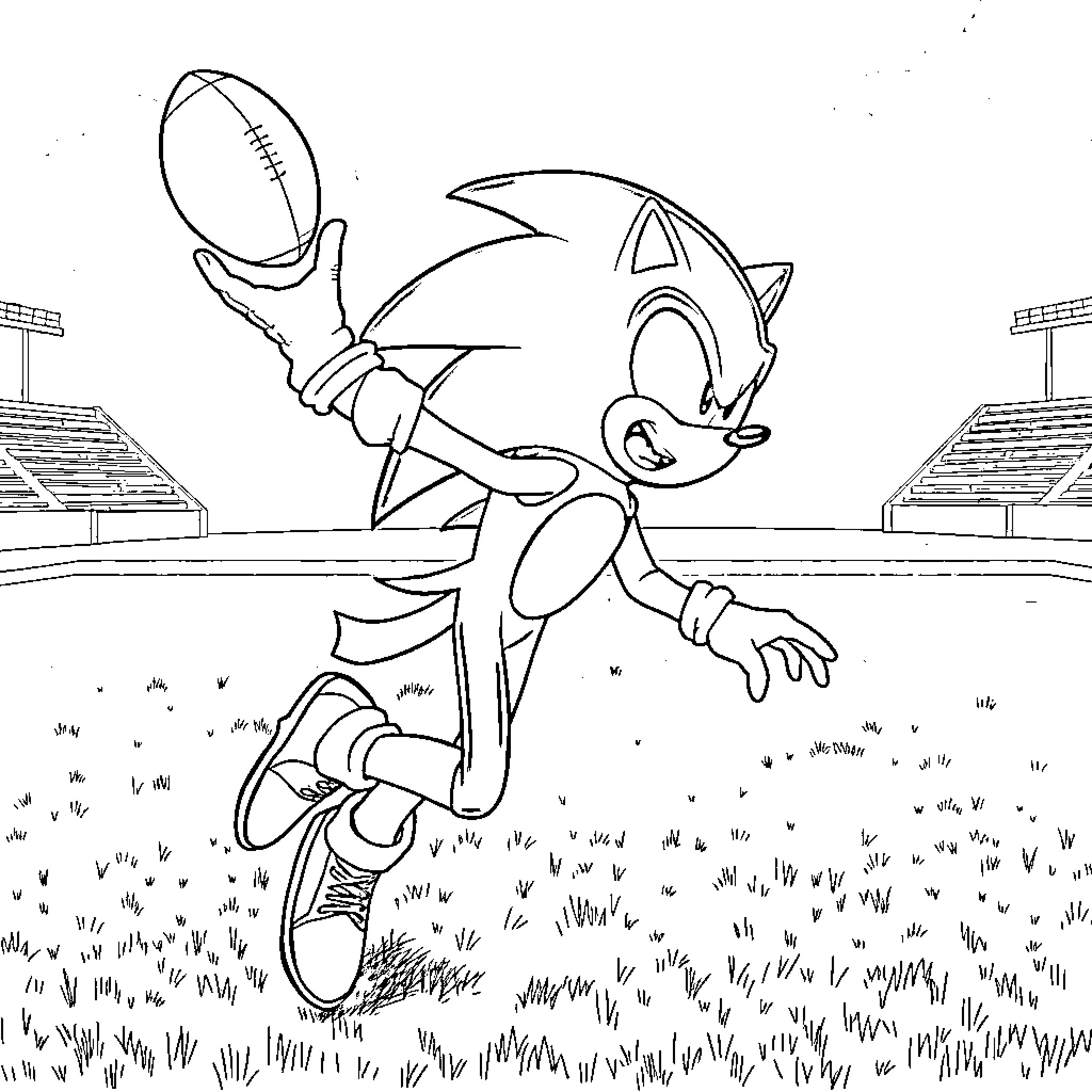 Sonic running on the field with a football Coloring Page (free black-and-white line drawing printable PDF for all, from beginners to advanced learners, including children, teens, adults, and seniors)