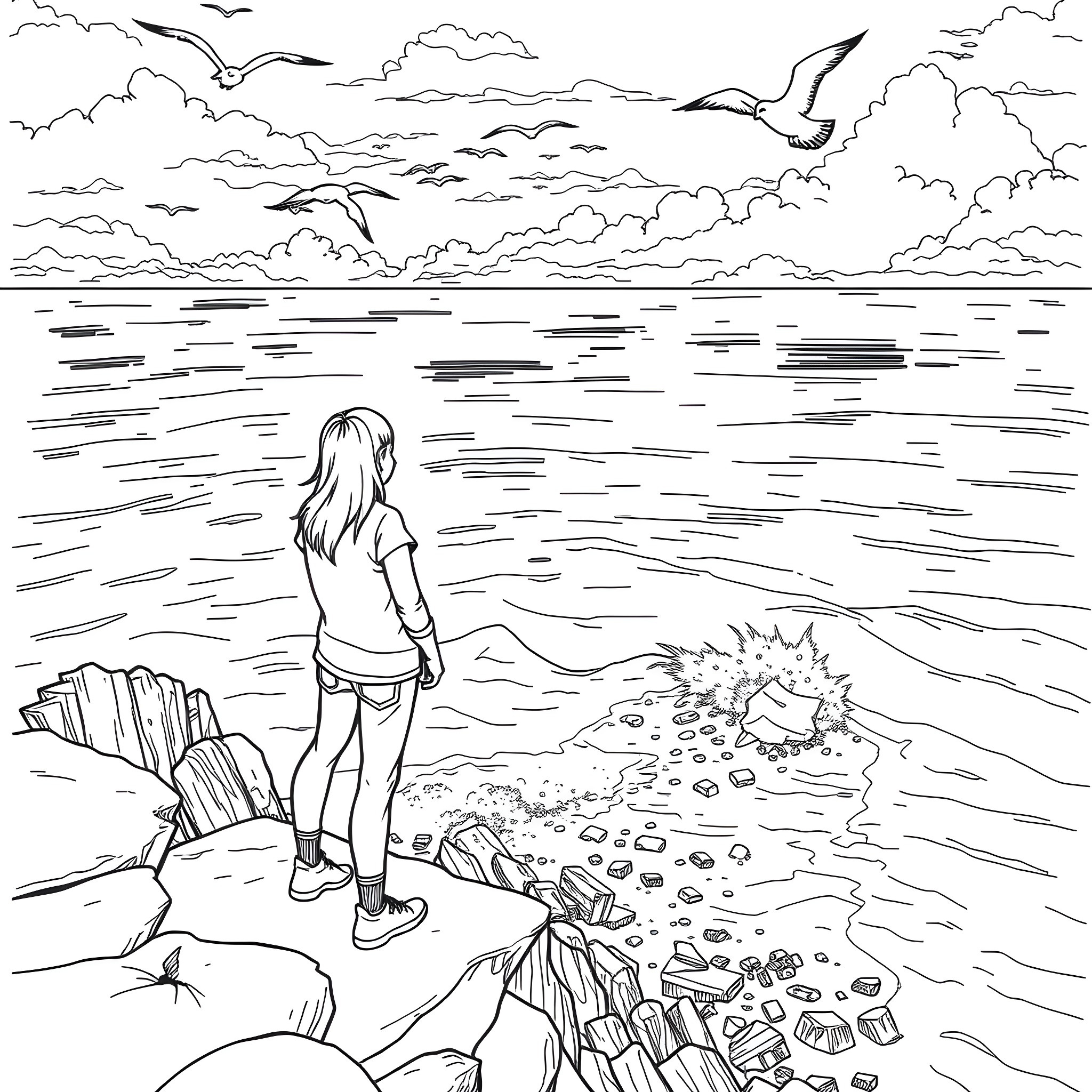 Freestanding woman gazing at the stormy seascape Coloring Page (free black-and-white line drawing printable PDF for all, from beginners to advanced learners, including children, teens, adults, and seniors)
