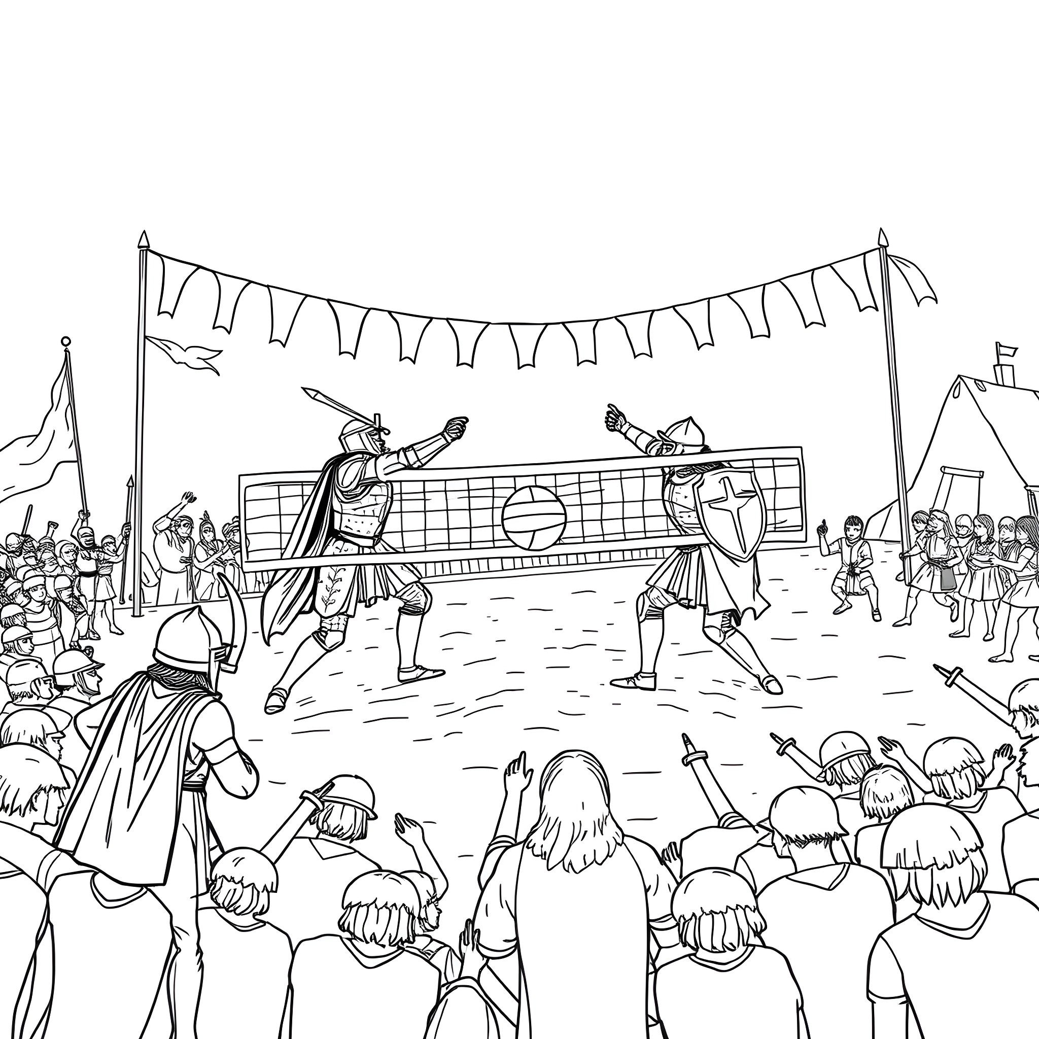 Knight jousting tournament in medieval arena Coloring Page (free black-and-white line drawing printable PDF for all, from beginners to advanced learners, including children, teens, adults, and seniors)