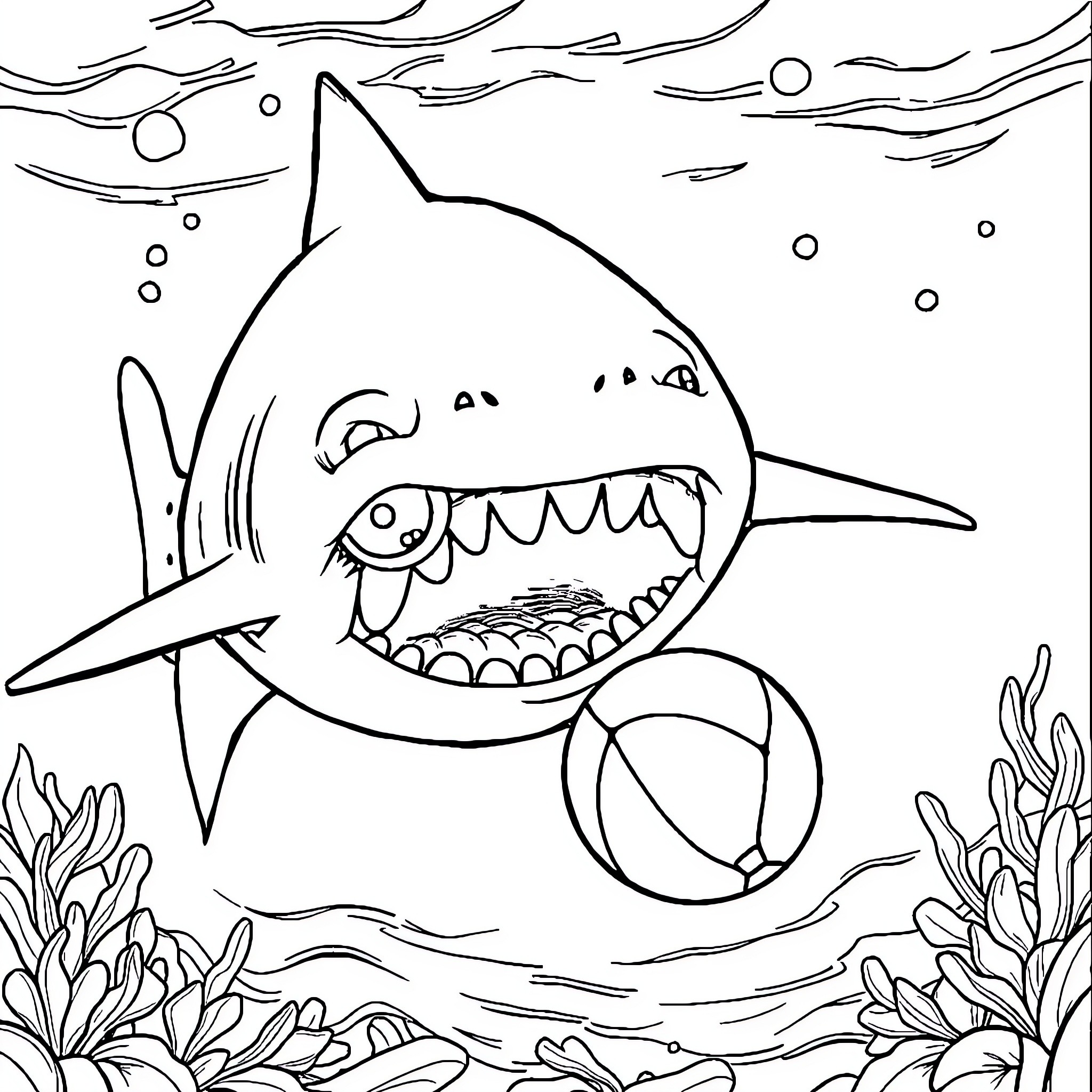Shark chasing playful ball underwater Coloring Page (free black-and-white line drawing printable PDF for all, from beginners to advanced learners, including children, teens, adults, and seniors)