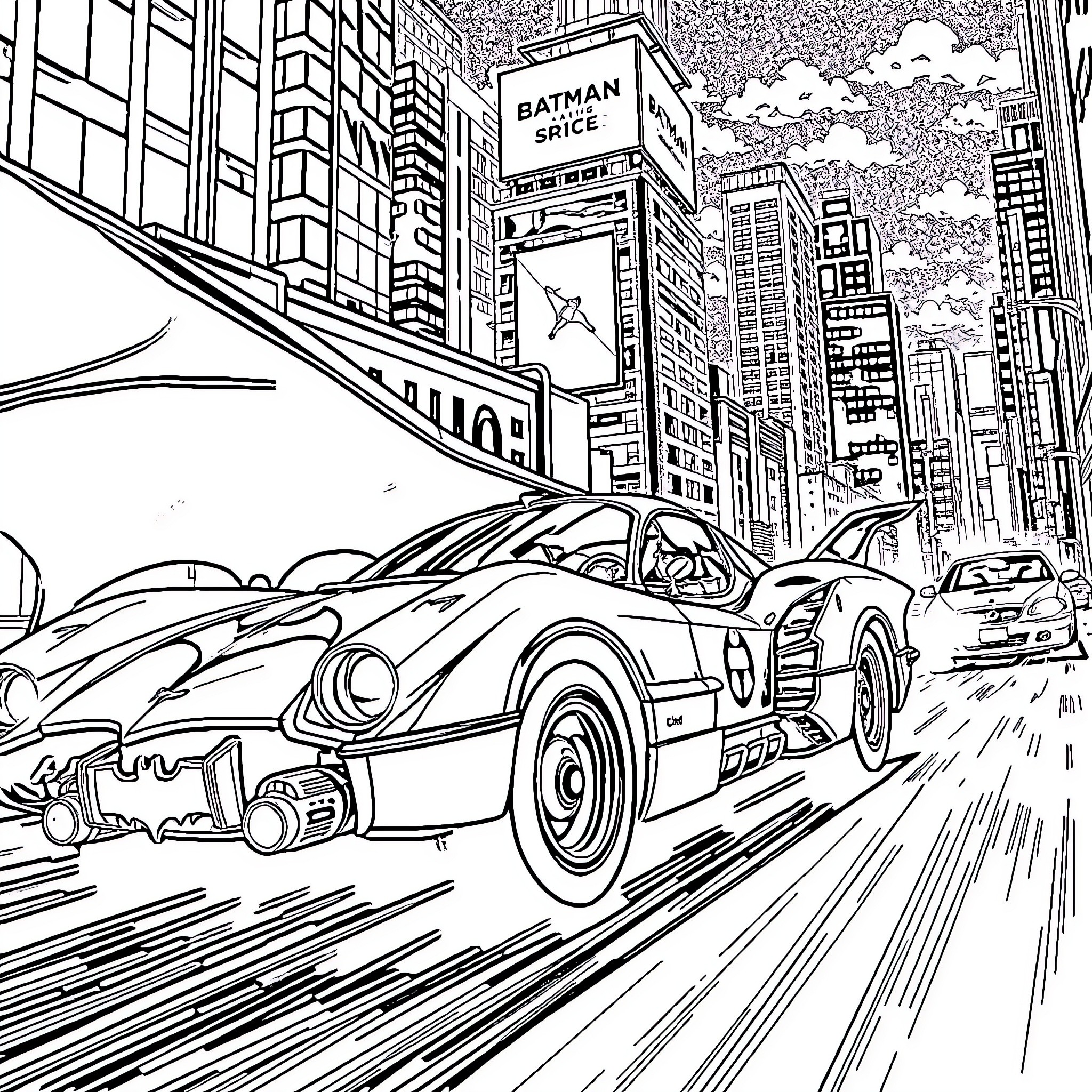 Batmobile speeding through city streets Coloring Page (free black-and-white line drawing printable PDF for all, from beginners to advanced learners, including children, teens, adults, and seniors)