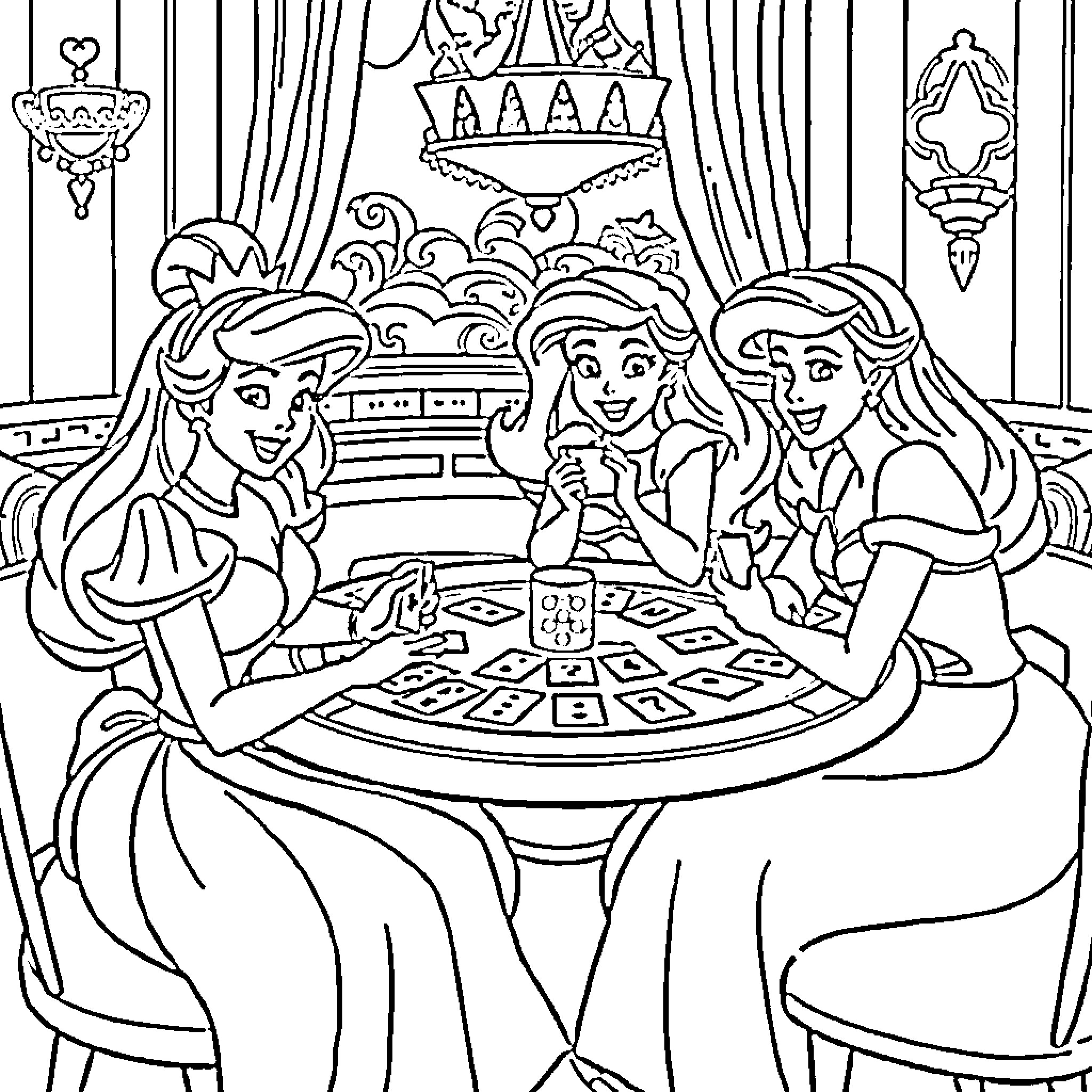 Disney Princess Sharing a Board Game Coloring Page (free black-and-white line drawing printable PDF for all, from beginners to advanced learners, including children, teens, adults, and seniors)