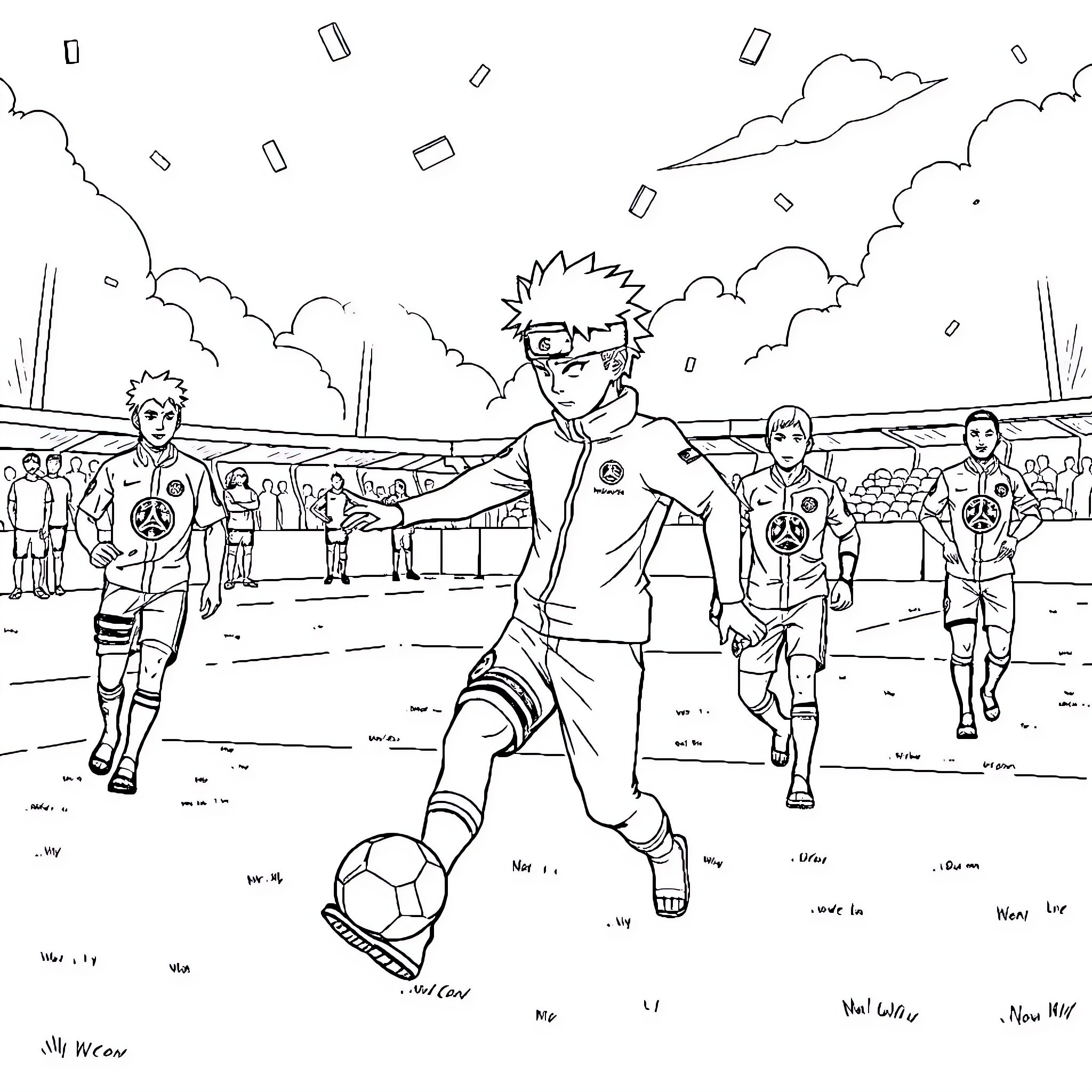 Naruto characters playing soccer on the field Coloring Page (free black-and-white line drawing printable PDF for all, from beginners to advanced learners, including children, teens, adults, and seniors)