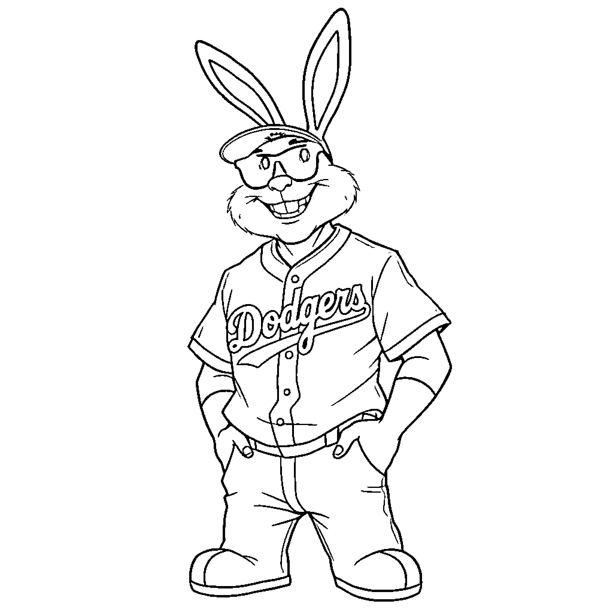 Bad Bunny in Dodgers baseball uniform Coloring Page (free black-and-white line drawing printable PDF for all, from beginners to advanced learners, including children, teens, adults, and seniors)