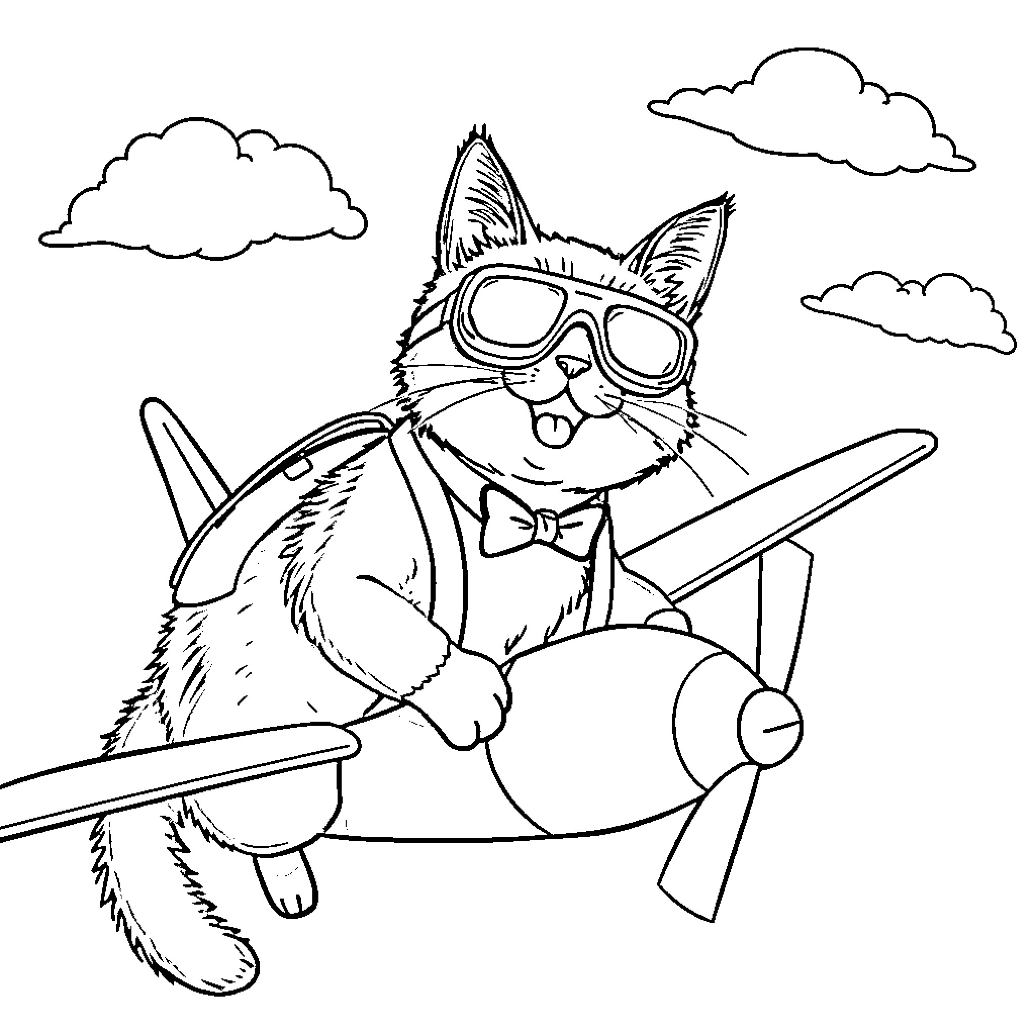 Cat flying a plane in the sky Coloring Page (free black-and-white line drawing printable PDF for all, from beginners to advanced learners, including children, teens, adults, and seniors)