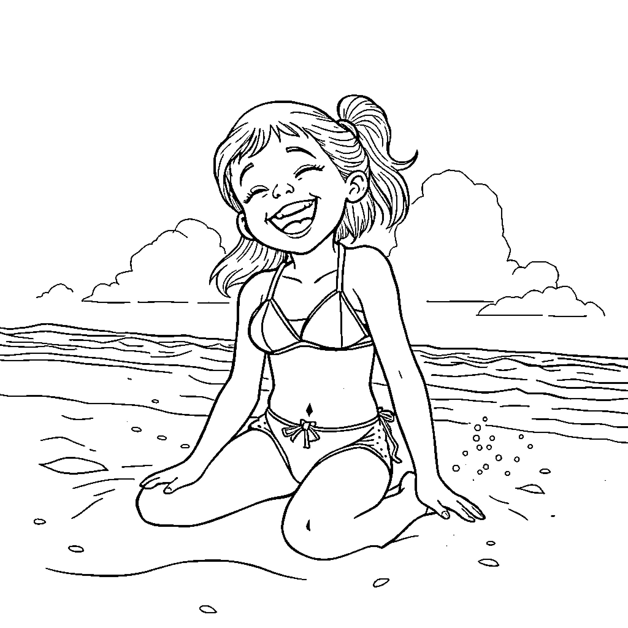 Girl enjoying the beach in her swimsuit Coloring Page (free black-and-white line drawing printable PDF for all, from beginners to advanced learners, including children, teens, adults, and seniors)