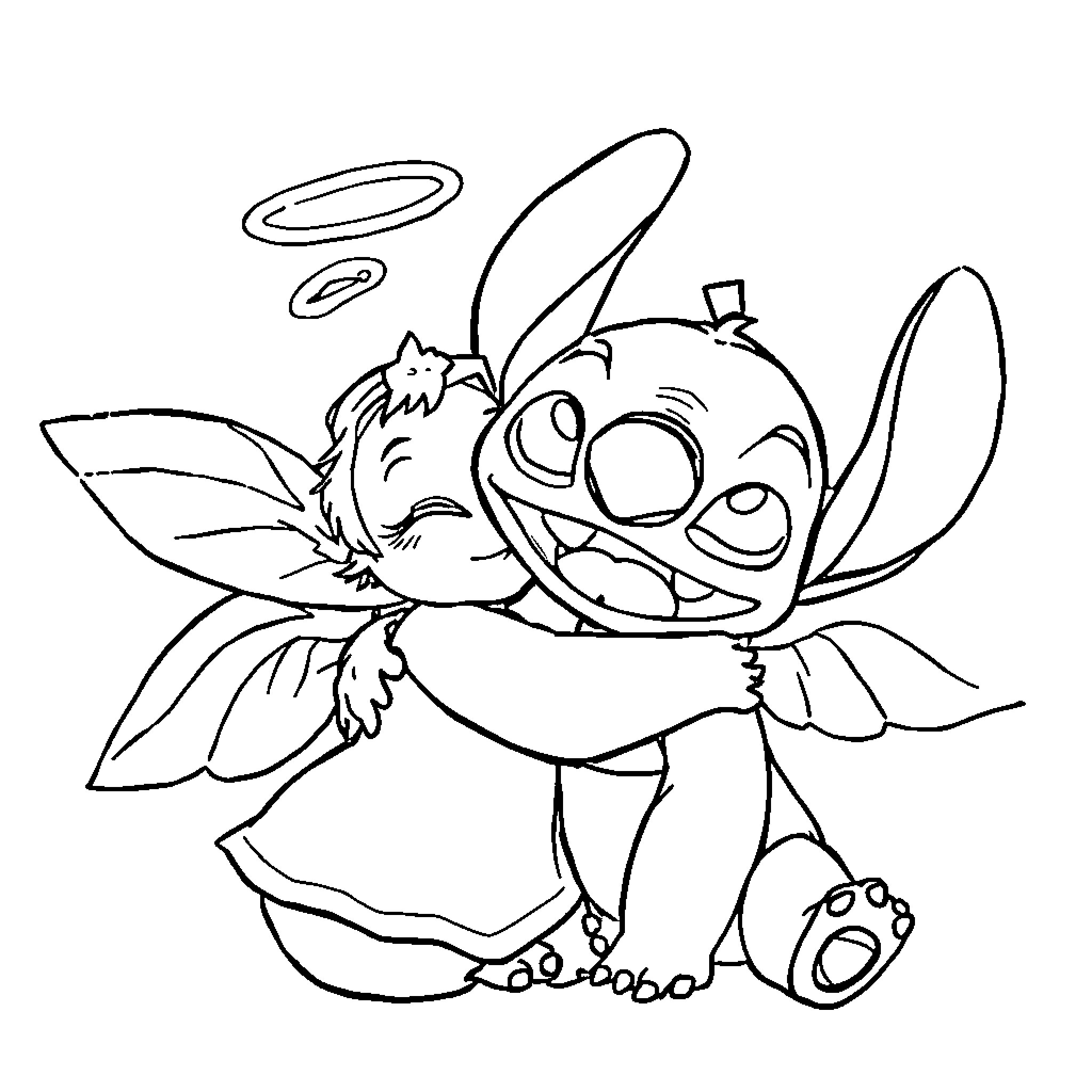 Angel Stitch playing with plant Coloring Page (free black-and-white line drawing printable PDF for all, from beginners to advanced learners, including children, teens, adults, and seniors)