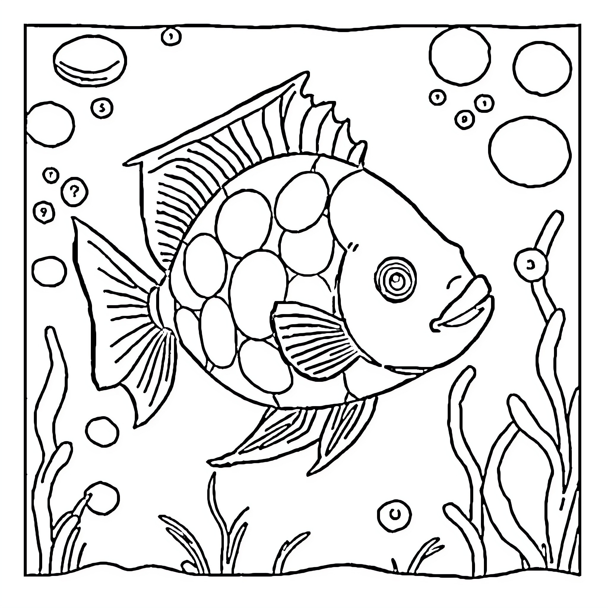 Fish swimming in the sea with bubbles Coloring Page (free black-and-white line drawing printable PDF for all, from beginners to advanced learners, including children, teens, adults, and seniors)