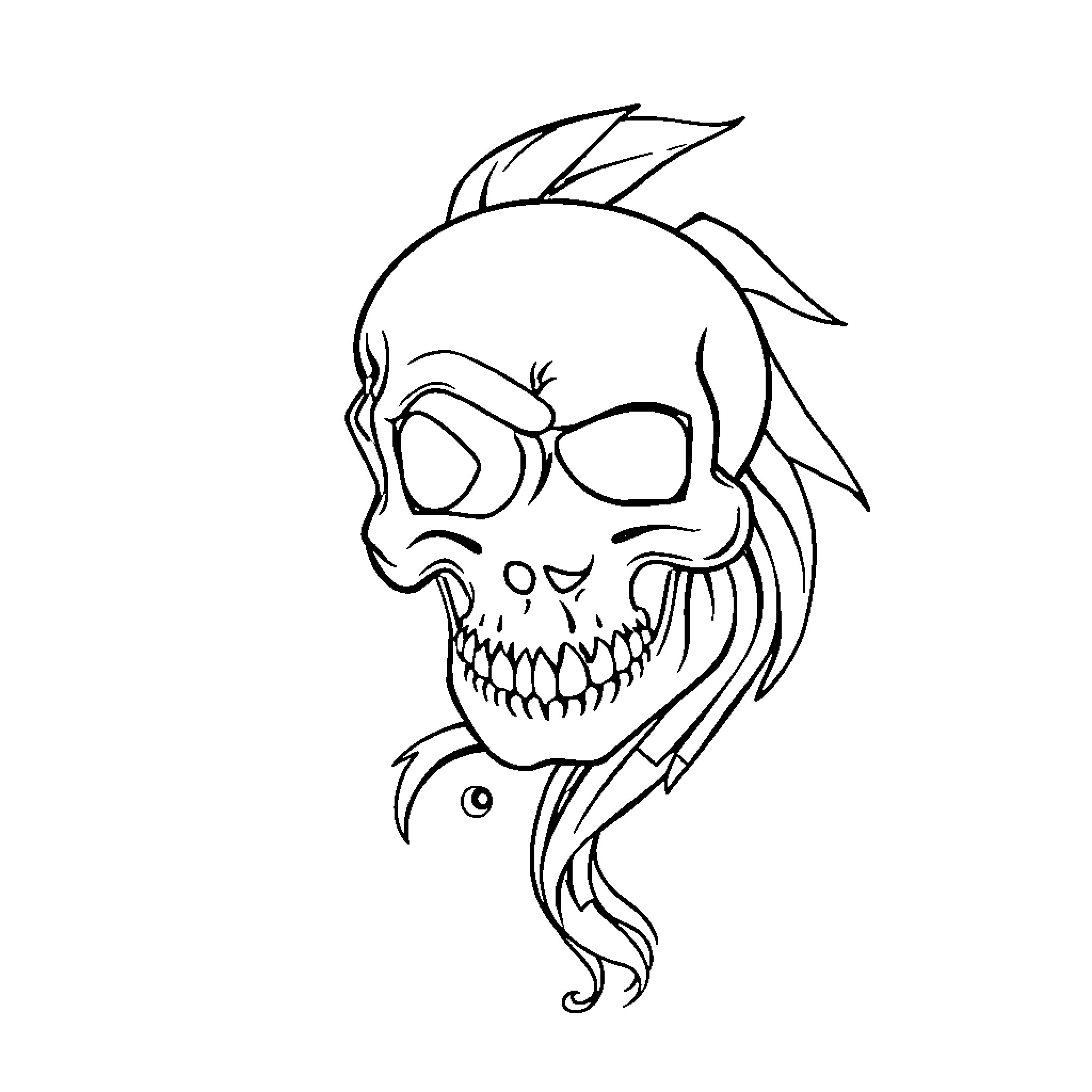 Tattoo of a spooky skull with flowing hair Coloring Page (free black-and-white line drawing printable PDF for all, from beginners to advanced learners, including children, teens, adults, and seniors)