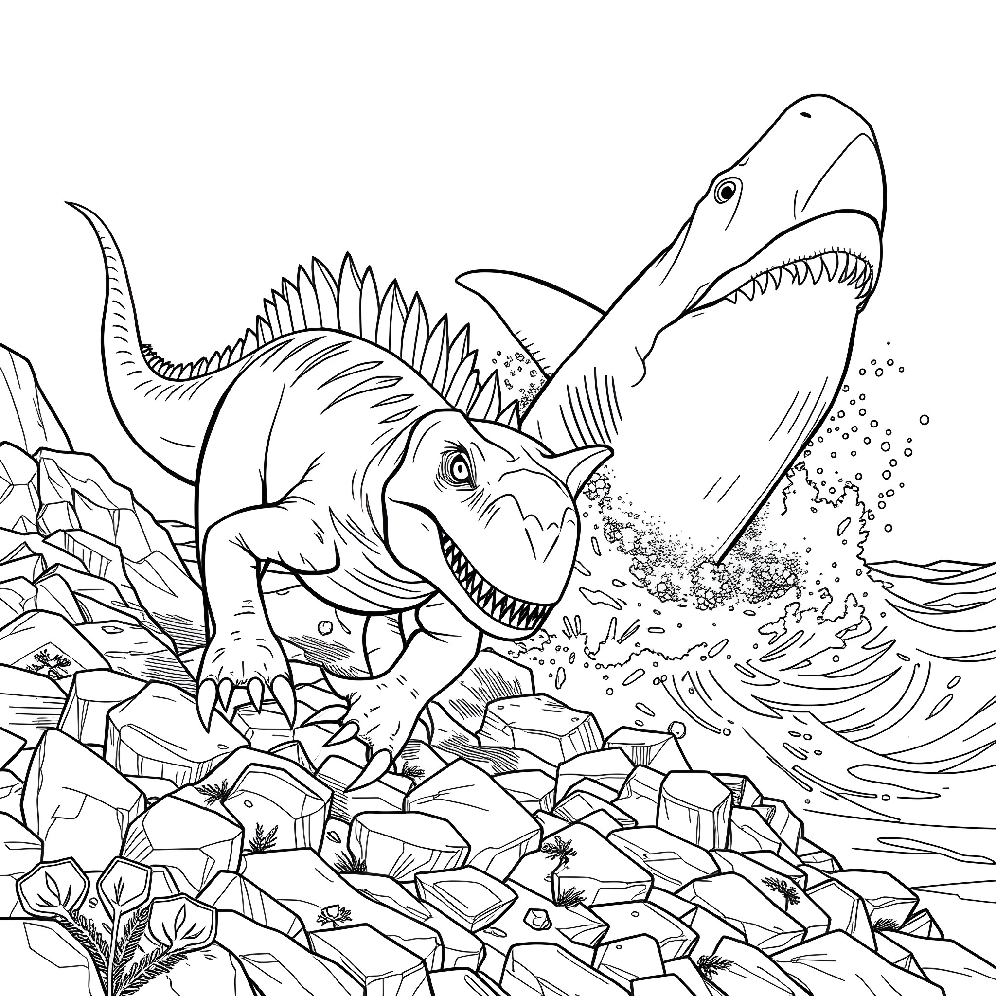 Carnotaurus chasing a smaller prey in the rocky terrain Coloring Page (free black-and-white line drawing printable PDF for all, from beginners to advanced learners, including children, teens, adults, and seniors)