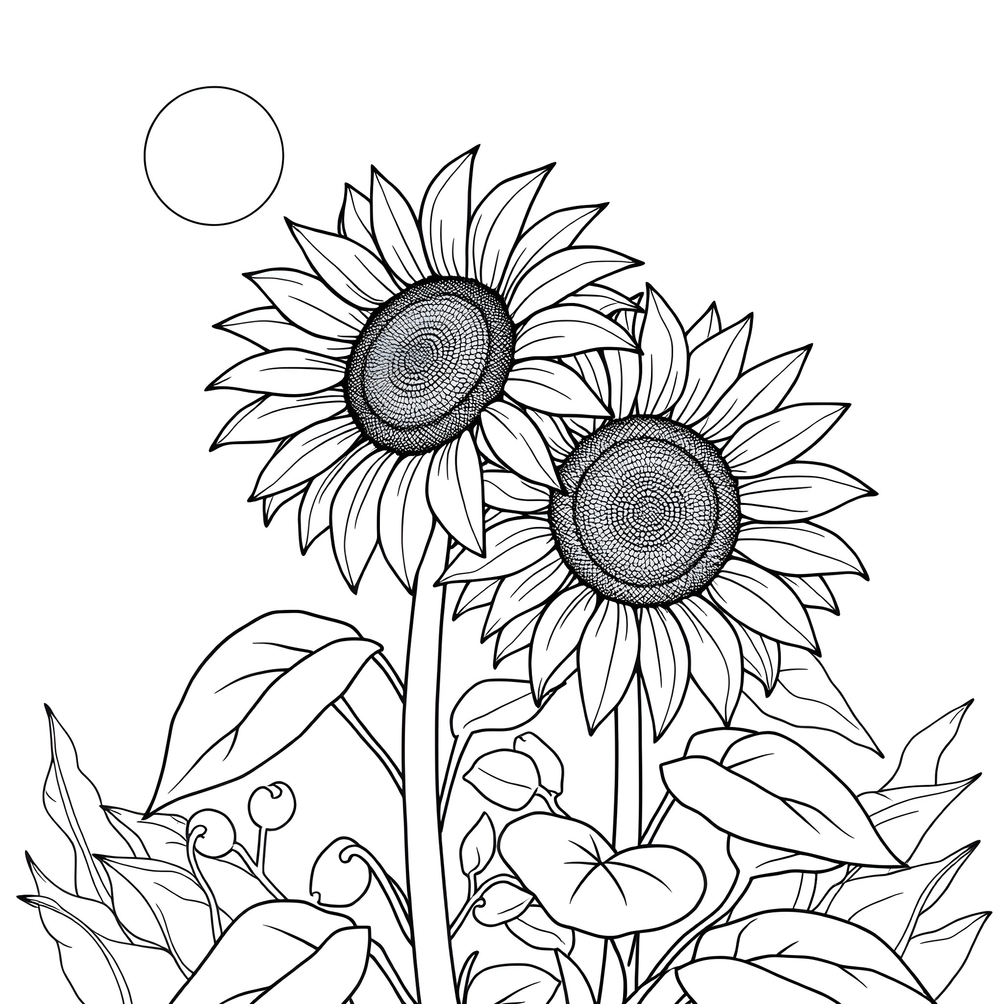 Sunflower field with vibrant blossoms Coloring Page (free black-and-white line drawing printable PDF for all, from beginners to advanced learners, including children, teens, adults, and seniors)