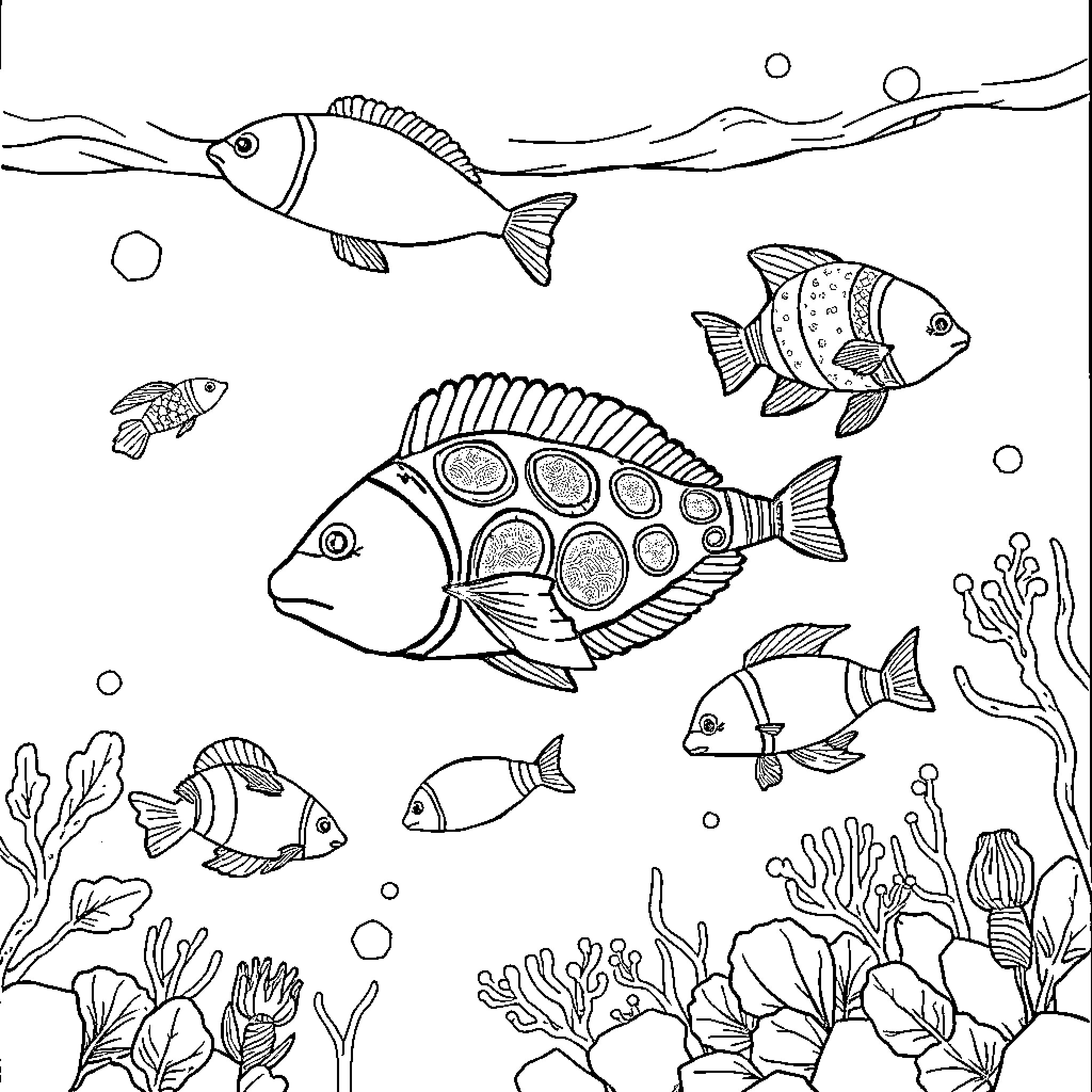 Ocean Creatures Swimming Gracefully Underwater Coloring Page (free black-and-white line drawing printable PDF for all, from beginners to advanced learners, including children, teens, adults, and seniors)