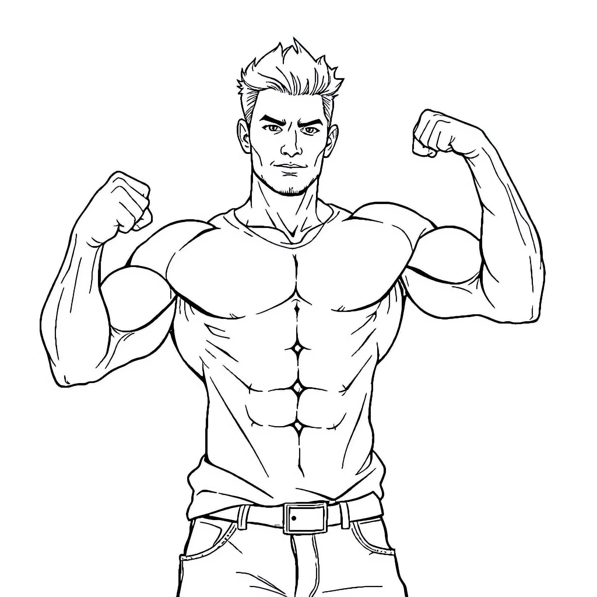 Man displaying muscular physique and strength Coloring Page (free black-and-white line drawing printable PDF for all, from beginners to advanced learners, including children, teens, adults, and seniors)