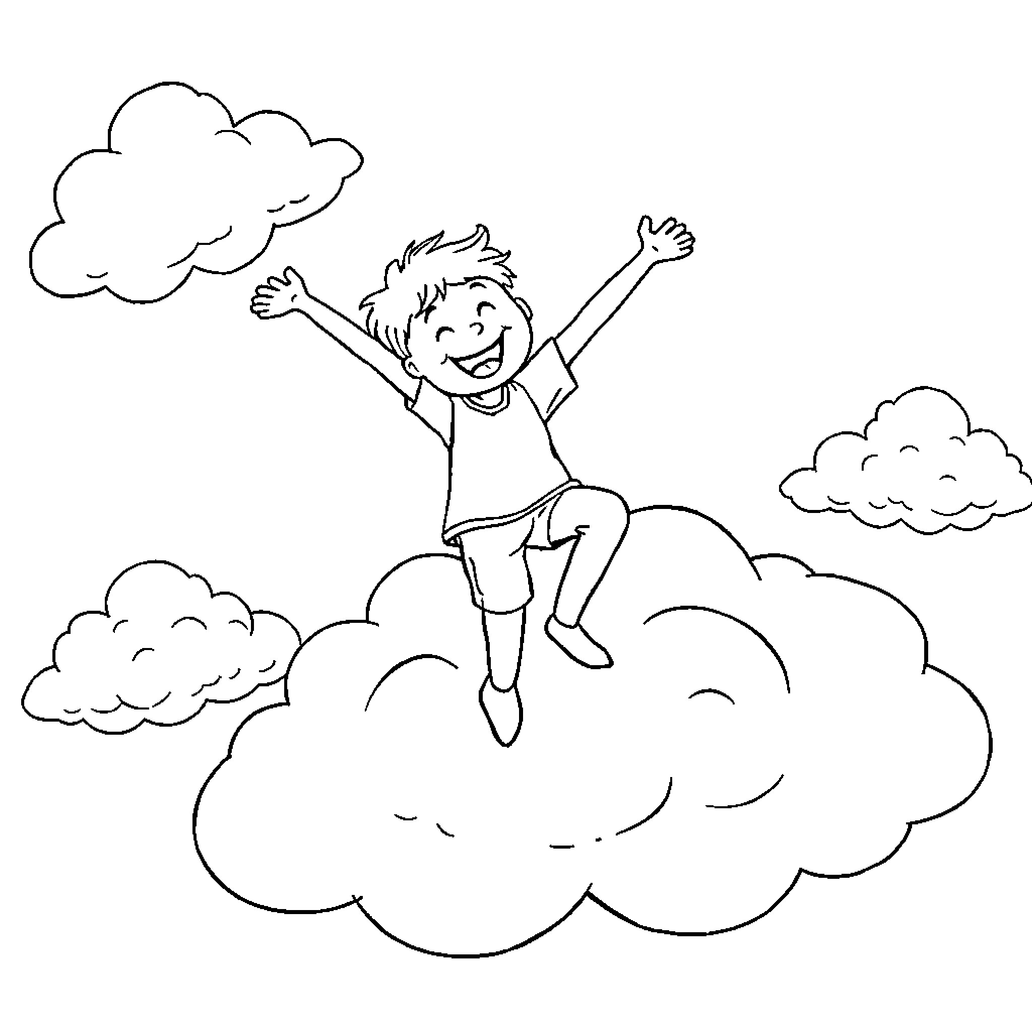 Cloud Boy Joyfully Jumping among Fluffy Clouds Coloring Page (free black-and-white line drawing printable PDF for all, from beginners to advanced learners, including children, teens, adults, and seniors)