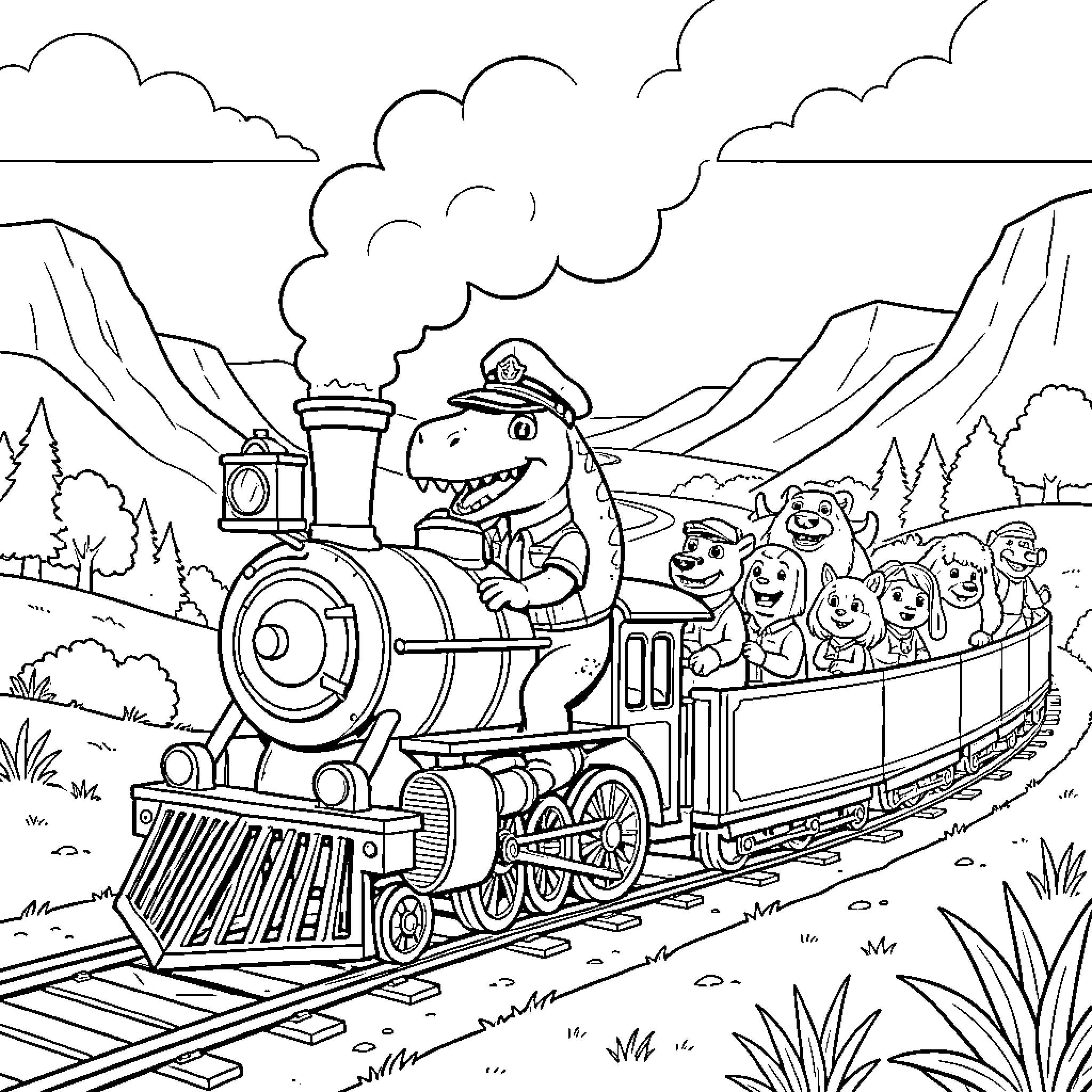 Dinosaur engineer driving a train filled with animal friends Coloring Page (free black-and-white line drawing printable PDF for all, from beginners to advanced learners, including children, teens, adults, and seniors)