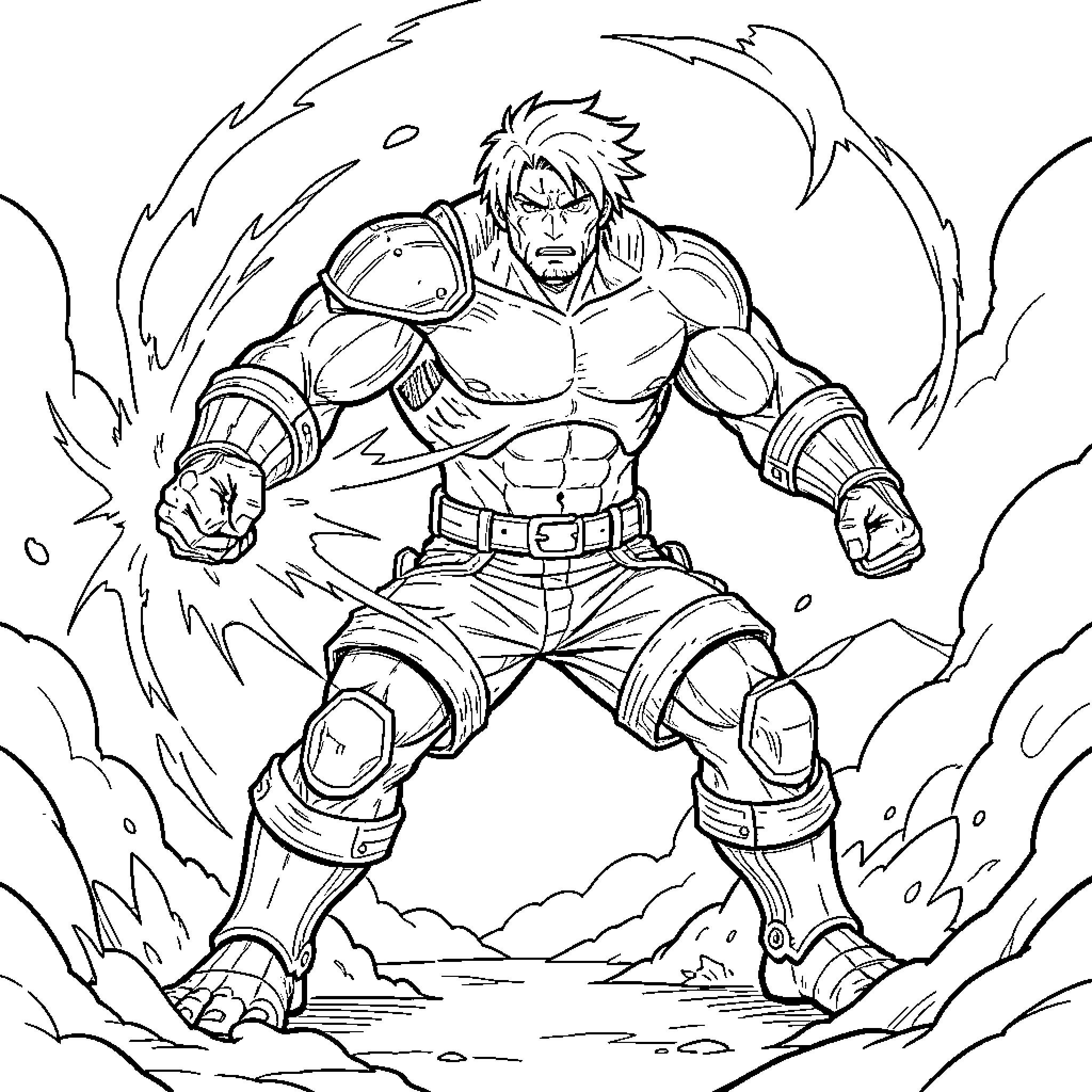 Eren standing powerfully amidst swirling winds and debris Coloring Page (free black-and-white line drawing printable PDF for all, from beginners to advanced learners, including children, teens, adults, and seniors)