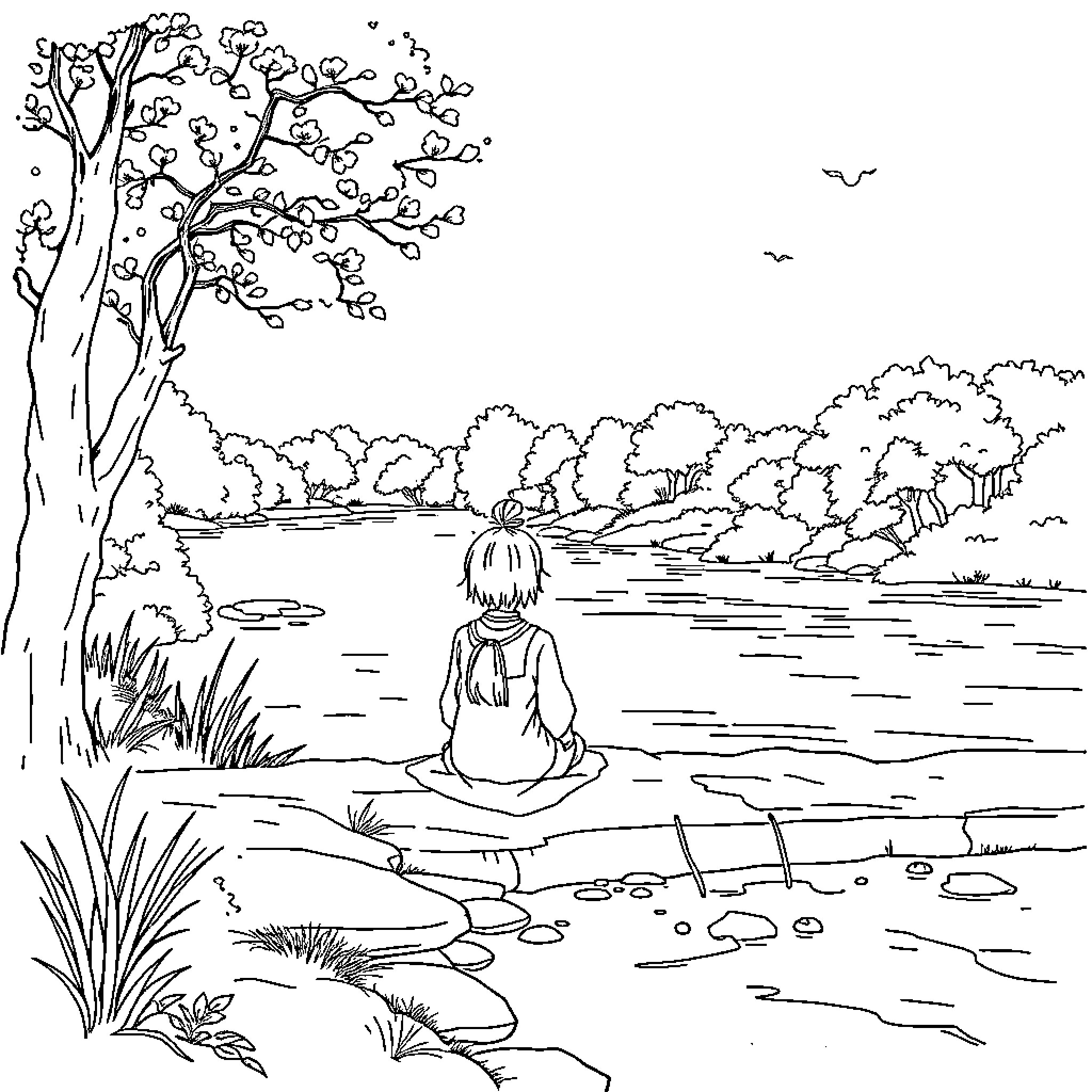 Tanjiro contemplating in a serene natural landscape Coloring Page (free black-and-white line drawing printable PDF for all, from beginners to advanced learners, including children, teens, adults, and seniors)