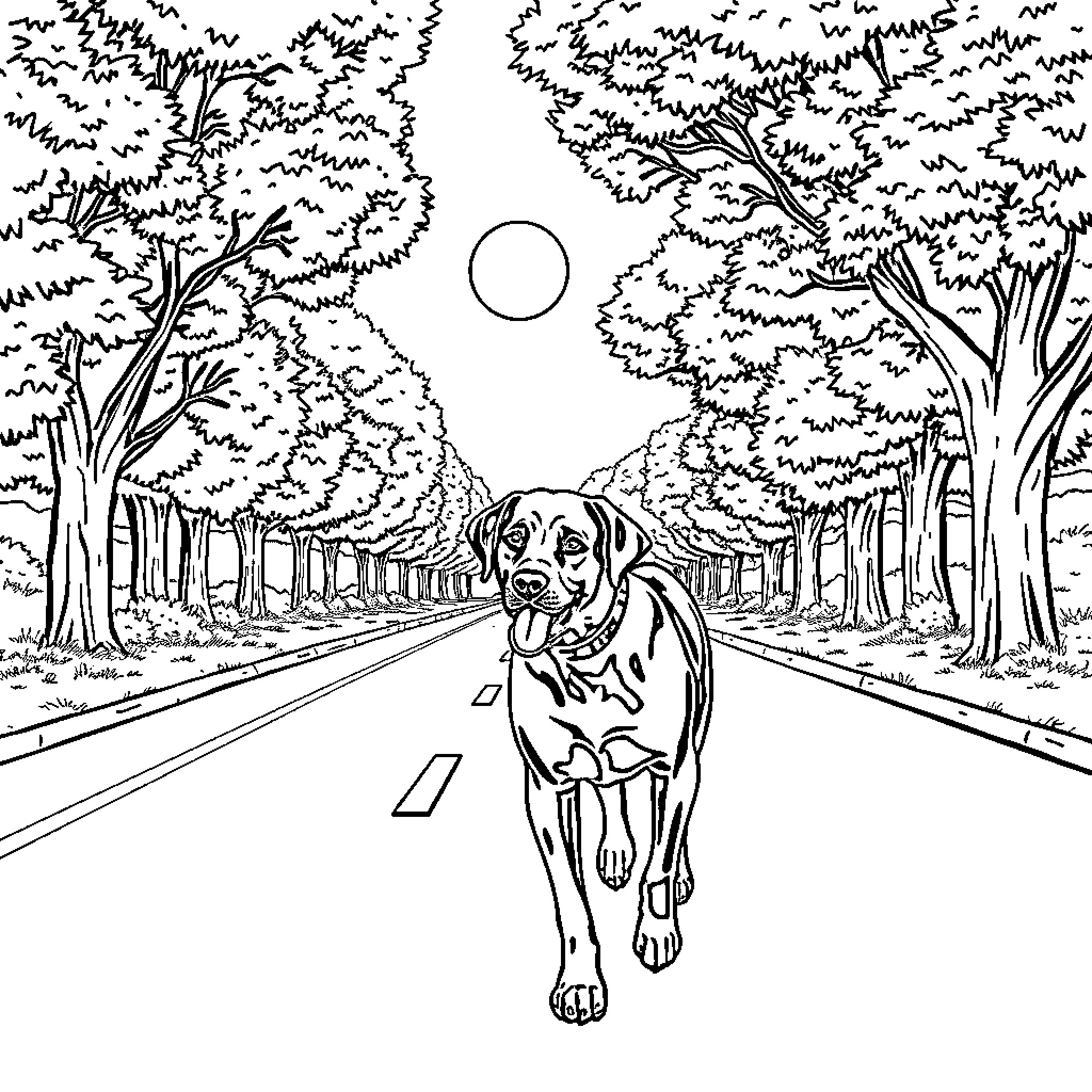 Labrador running down a forest road Coloring Page (free black-and-white line drawing printable PDF for all, from beginners to advanced learners, including children, teens, adults, and seniors)