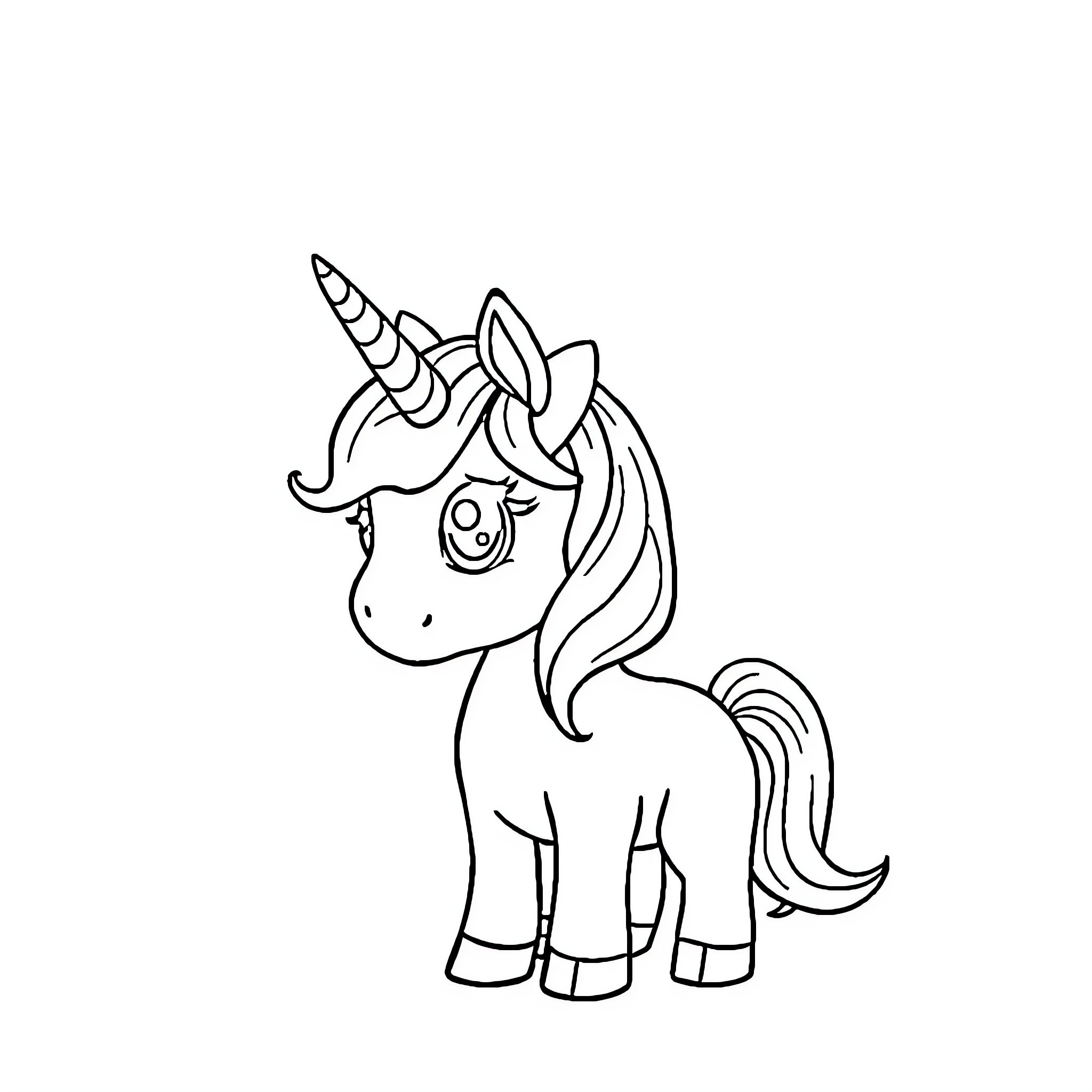 Unicorn standing with a cute expression Coloring Page (free black-and-white line drawing printable PDF for all, from beginners to advanced learners, including children, teens, adults, and seniors)