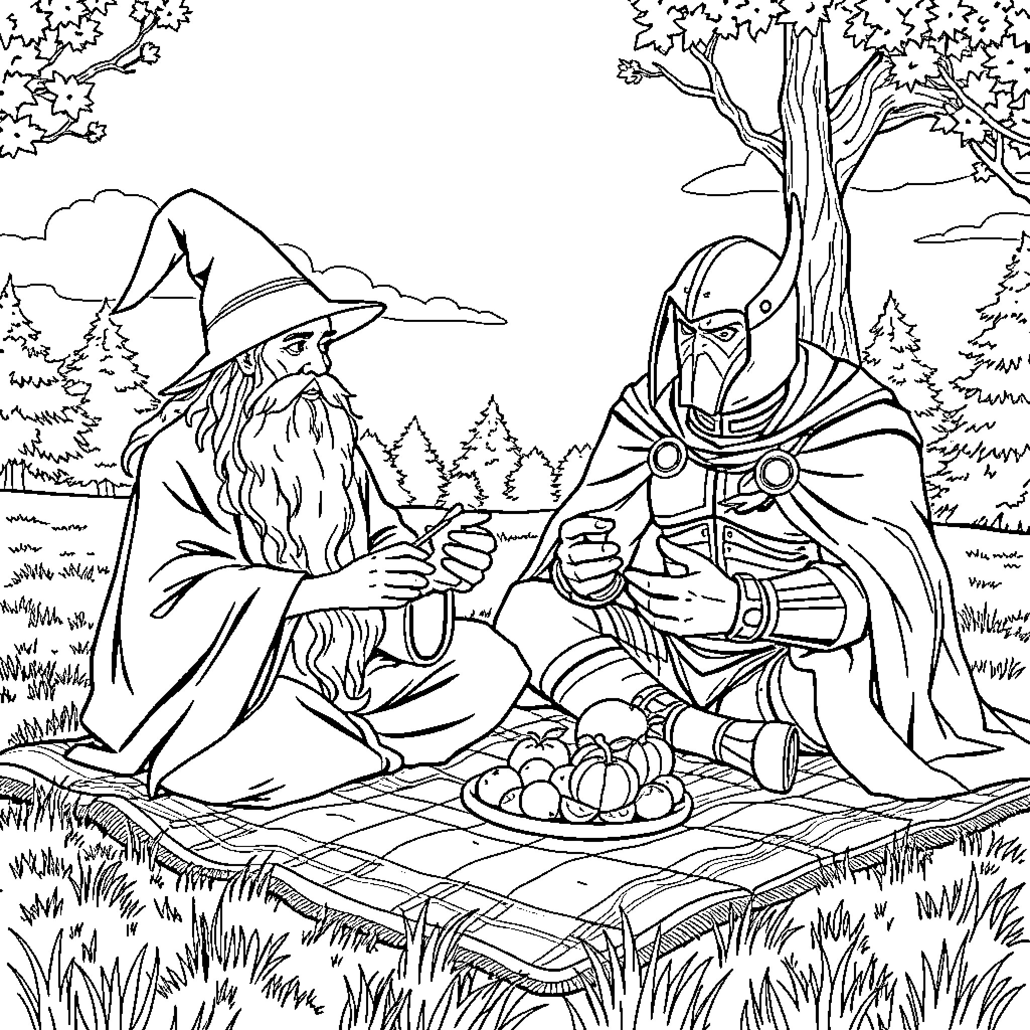 Gandalf and Radagast enjoying a picnic in the enchanted forest Coloring Page (free black-and-white line drawing printable PDF for all, from beginners to advanced learners, including children, teens, adults, and seniors)