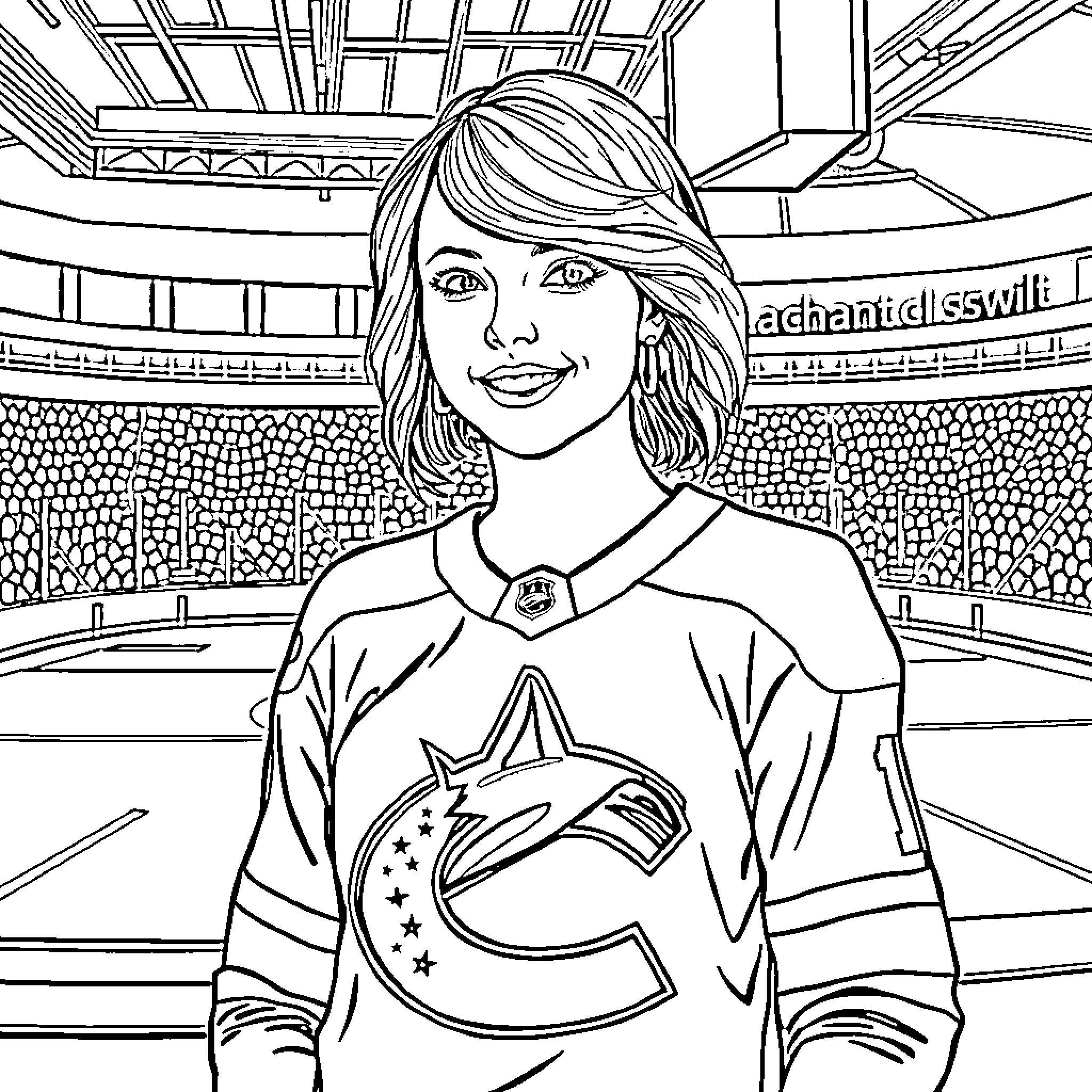 Taylor Swift in a sports arena with jersey Coloring Page (free black-and-white line drawing printable PDF for all, from beginners to advanced learners, including children, teens, adults, and seniors)