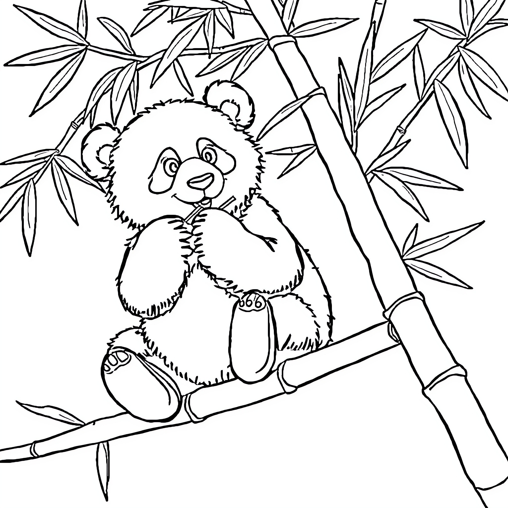 Panda playing in bamboo forest Coloring Page (free black-and-white line drawing printable PDF for all, from beginners to advanced learners, including children, teens, adults, and seniors)
